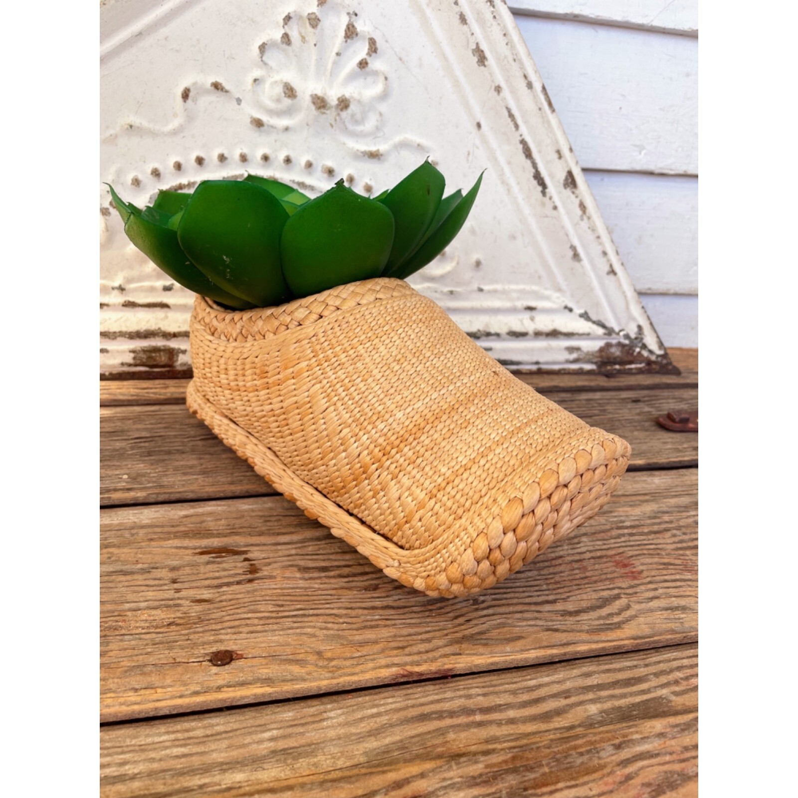 Vintage 1970s Woven Grass Shoe Planter Boho