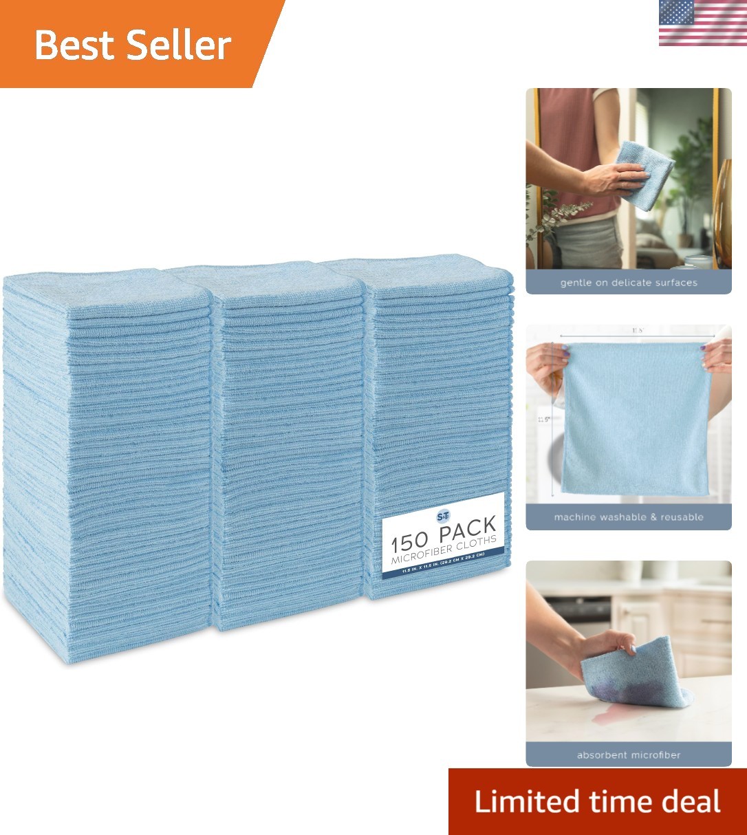 150 Pack Light Blue Microfiber Cleaning Cloths - 11.5" x 11.5", Super Absorbent