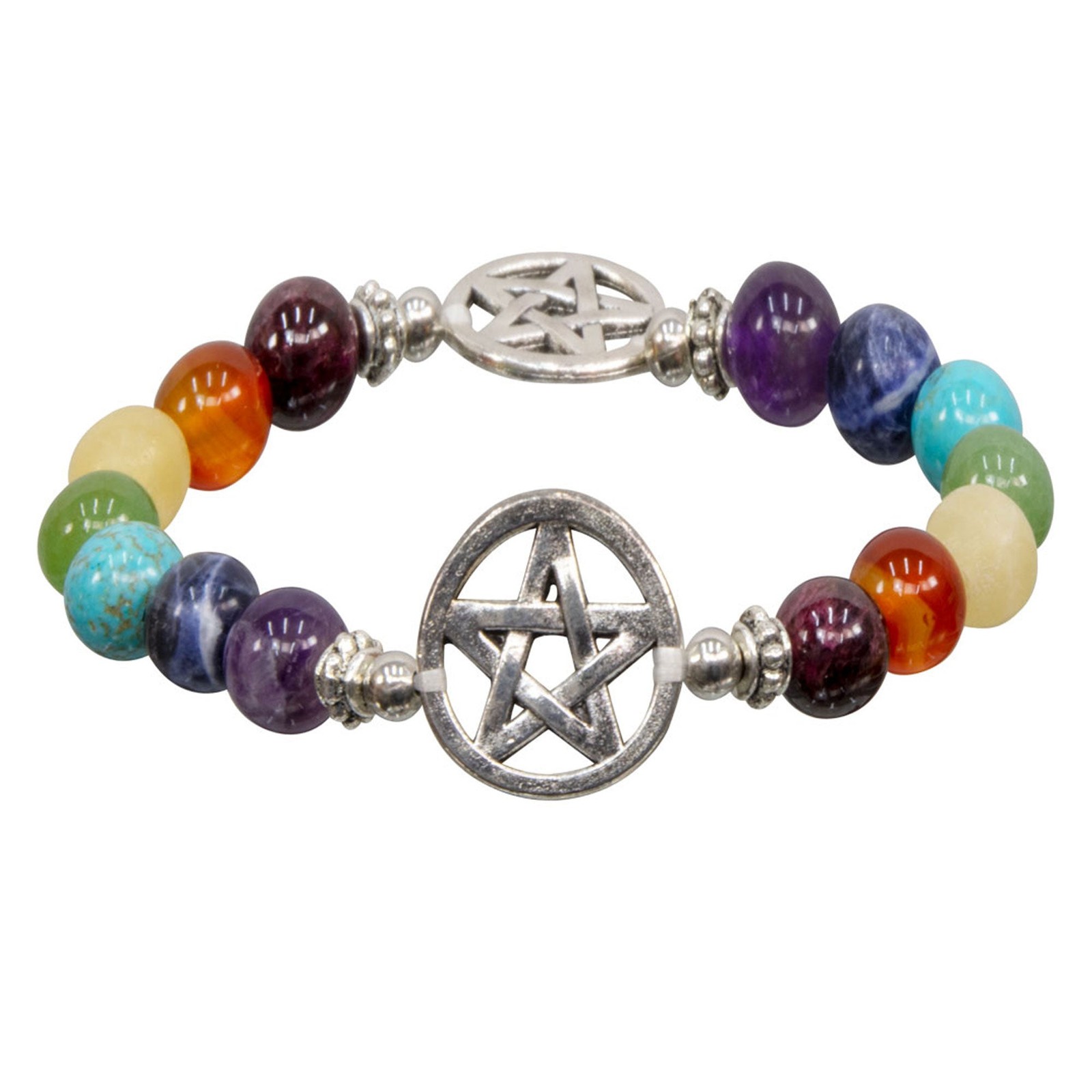 Seven Chakras Beaded Bracelet with Pentagram Charms - One Size