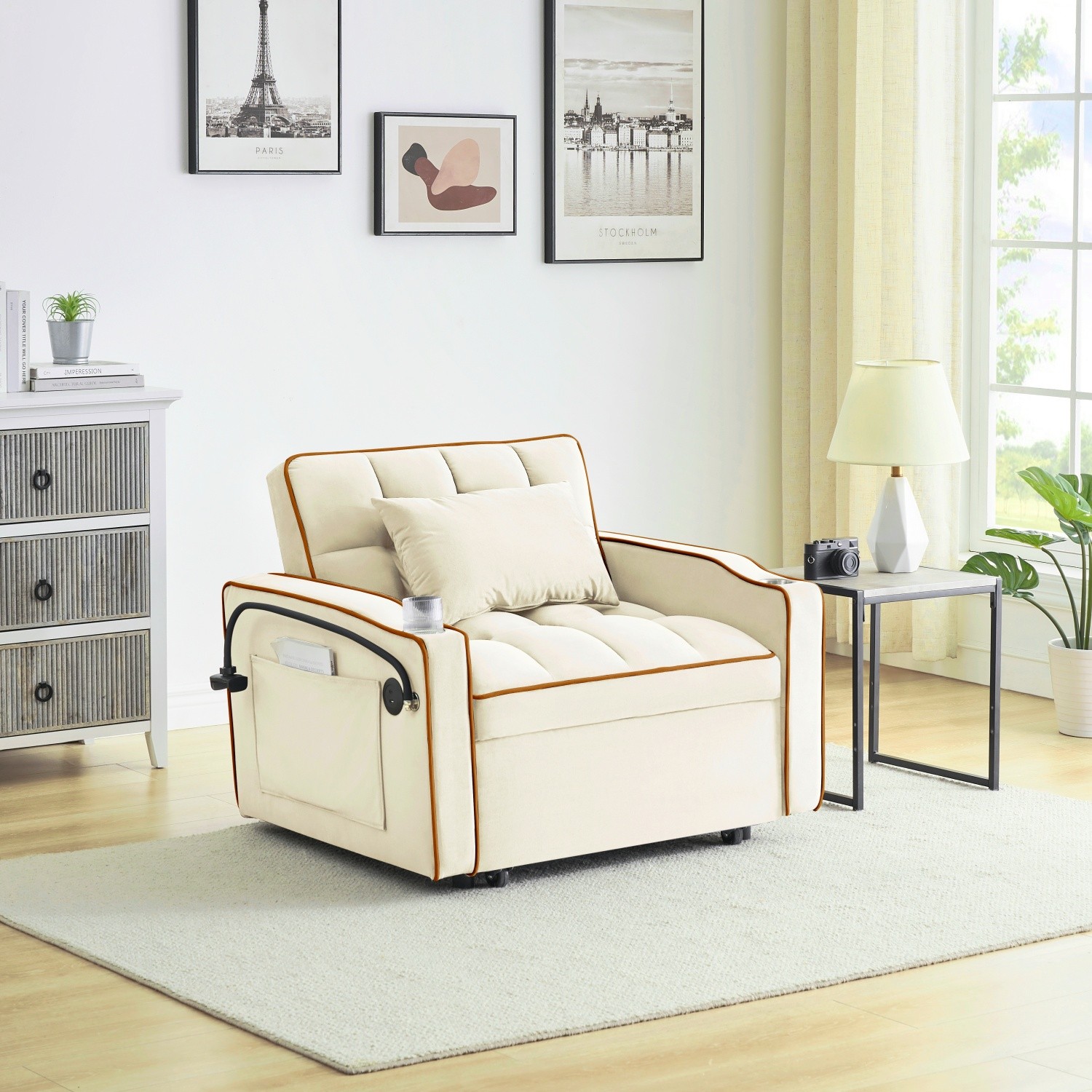 Modern Velvet Convertible Sofa Bed 3 in 1 Folding Sleeper Chair with USB Port