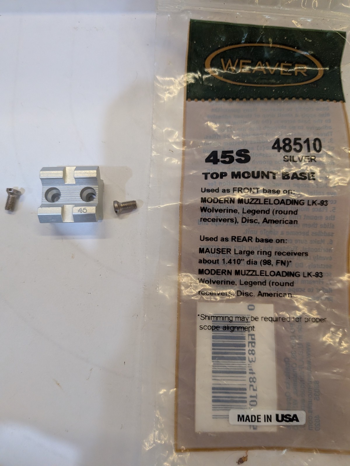 New Weaver 48510 45S Rifle Scope Mount Base - Mauser,  Browning and Others