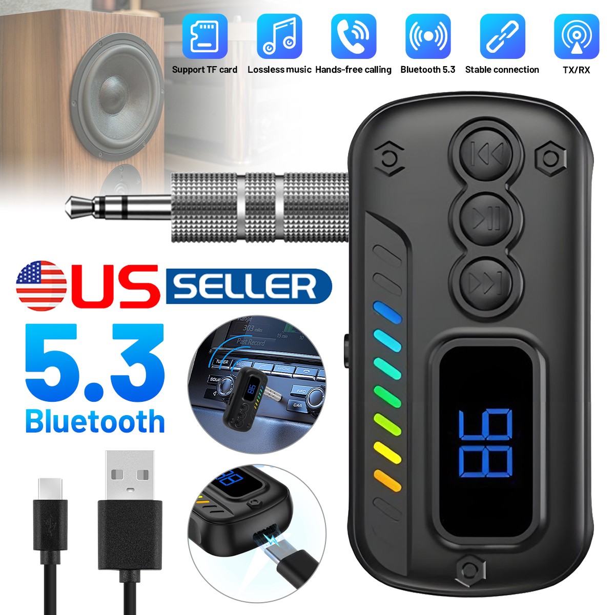Wireless Bluetooth AUX Adapter for Cars w/ TF Card Playback and Hands-Free Call.