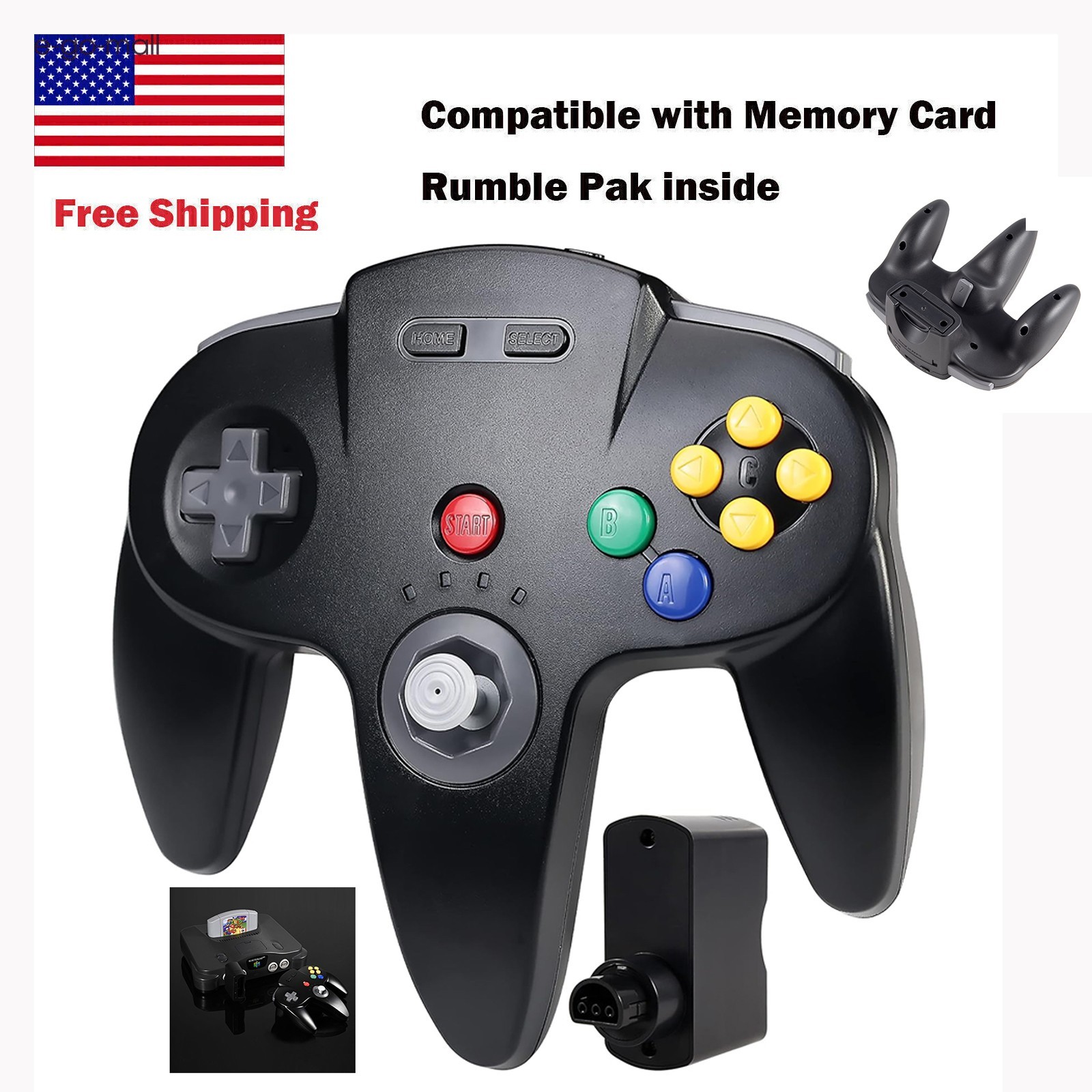 2.4G Wireless N64 Controller Rechargeable Gamedpad w/Rumble Pak for Nintendo 64