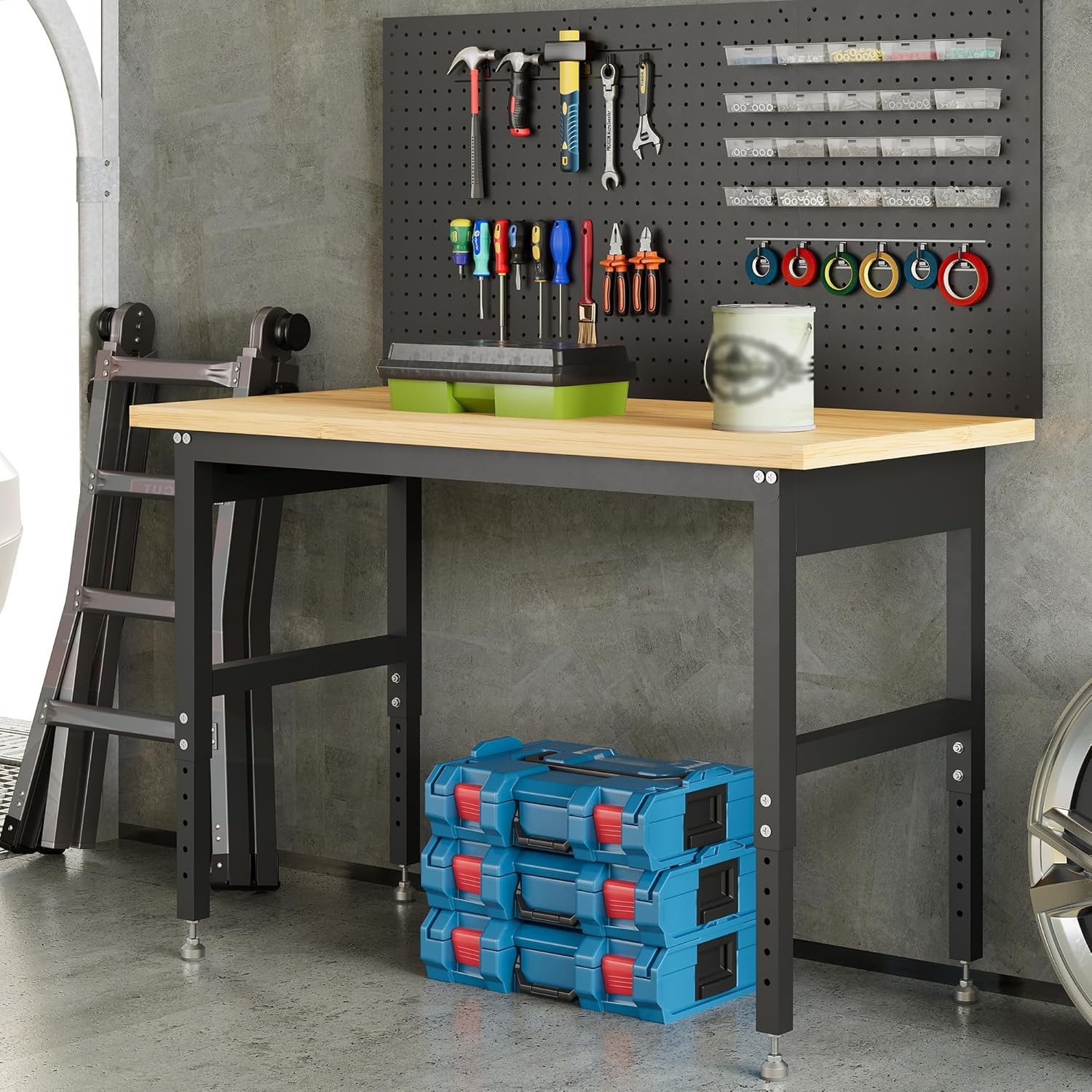60 Inch Mobile Workbench with Power Outlets, Storage Shelves & Pegboard