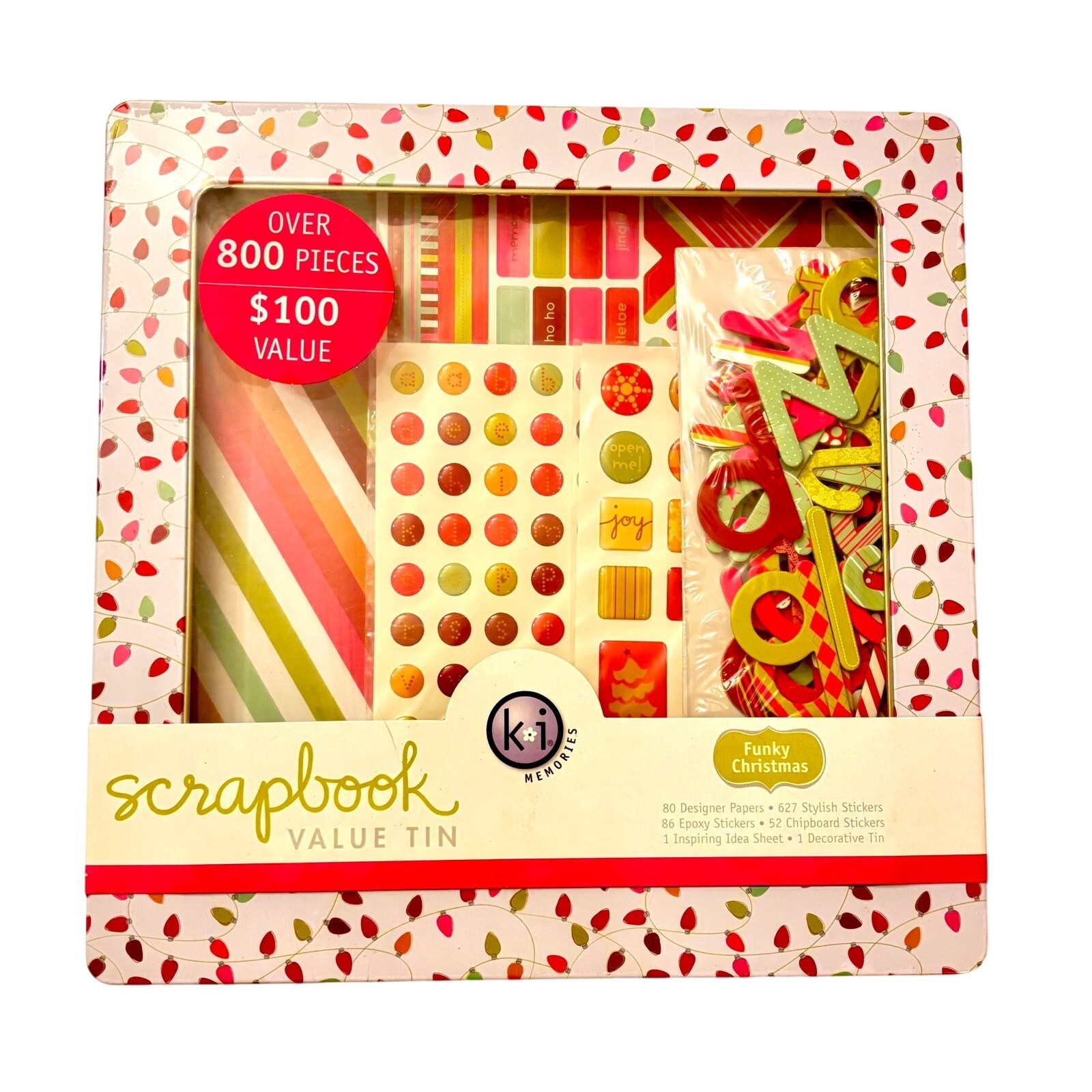 KI Memories Funky Christmas Scrapbook Kit Tin 2007 NIB 800+ Stickers Craft Set