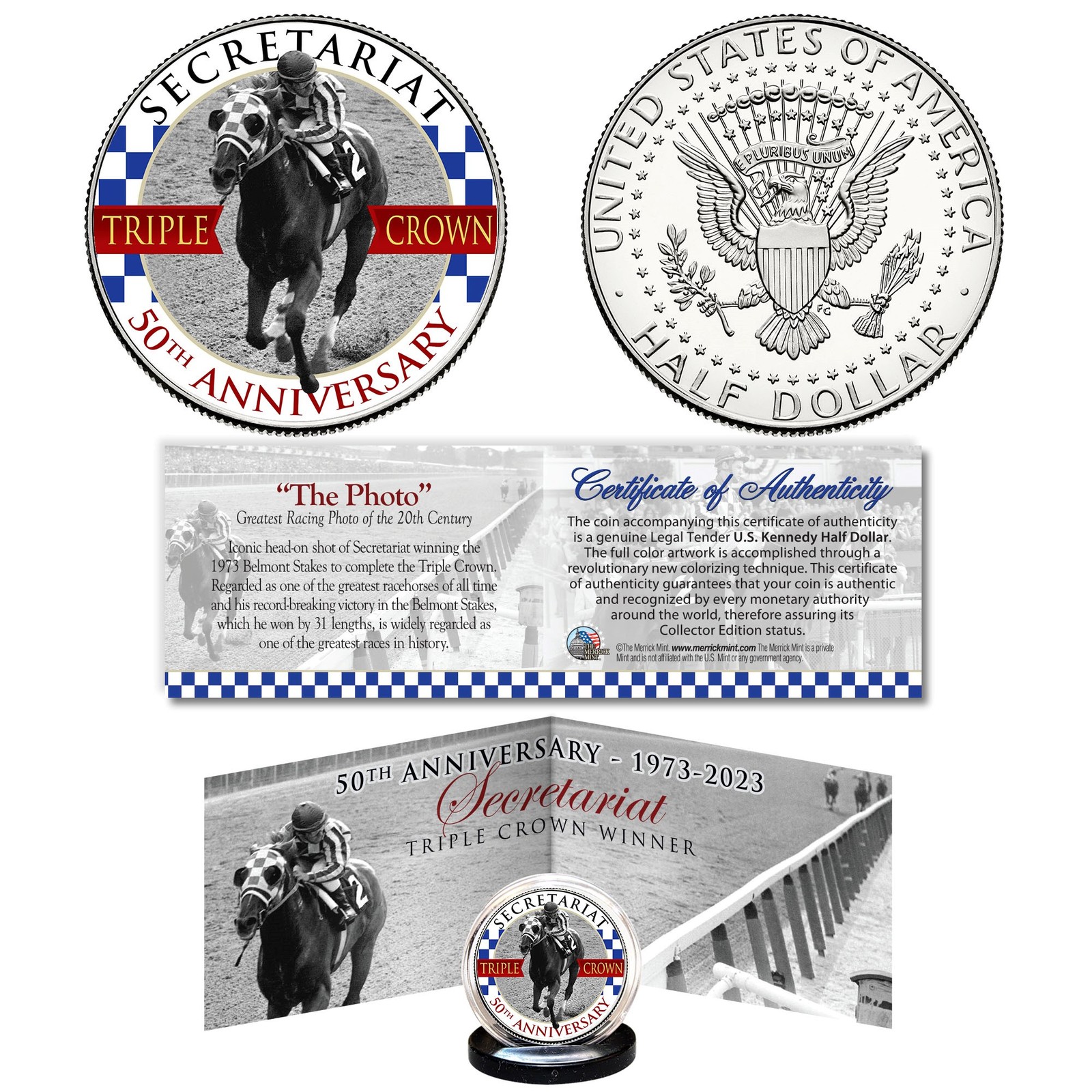 SECRETARIAT Triple Crown 50th Anniversary Famed Photo JFK Half Dollar Coin Cert
