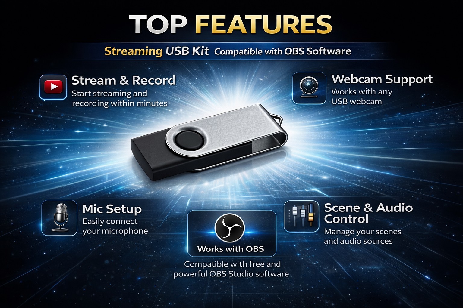 OBS Studio USB Streaming Kit w Setup Guide Recorder Broadcast Win Mac w/Guide