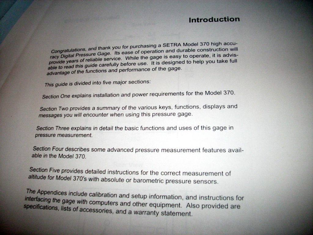 Setra Digital Pressure Gauge Model 370 Operator's manual