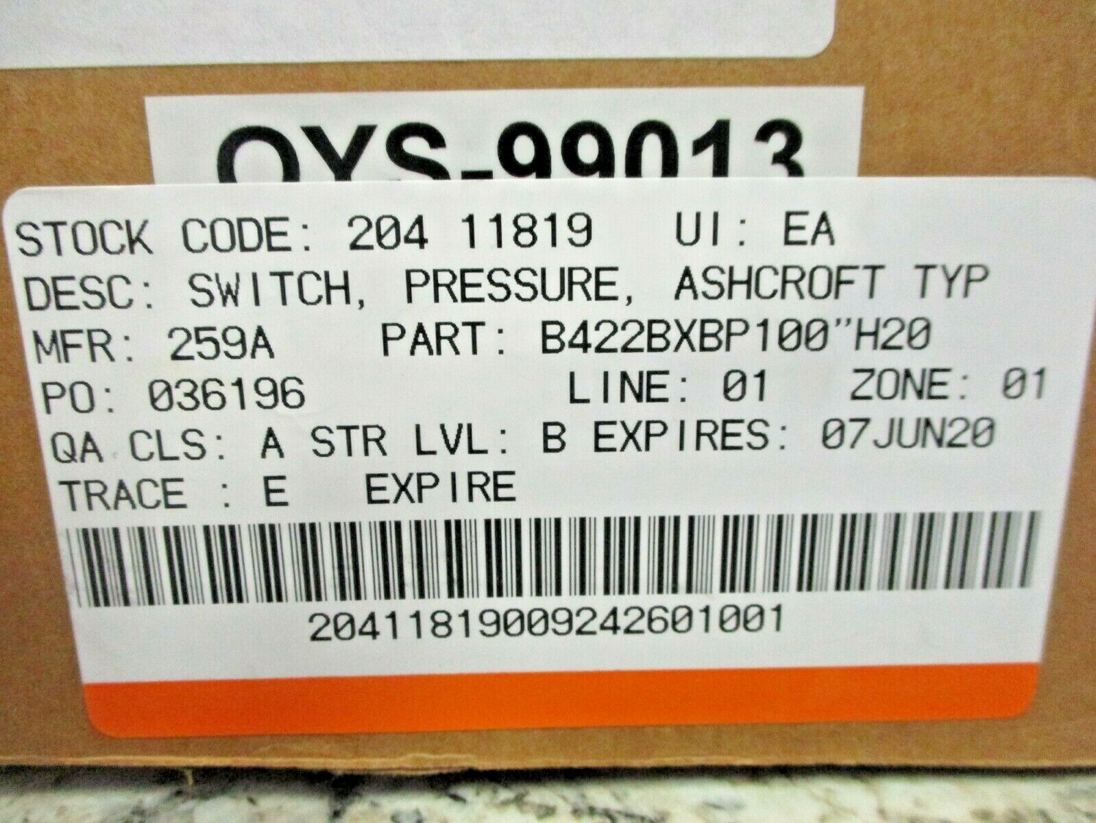 NEW ASHCROFT PRESSURE SWITCH B422BXBP100"H20
