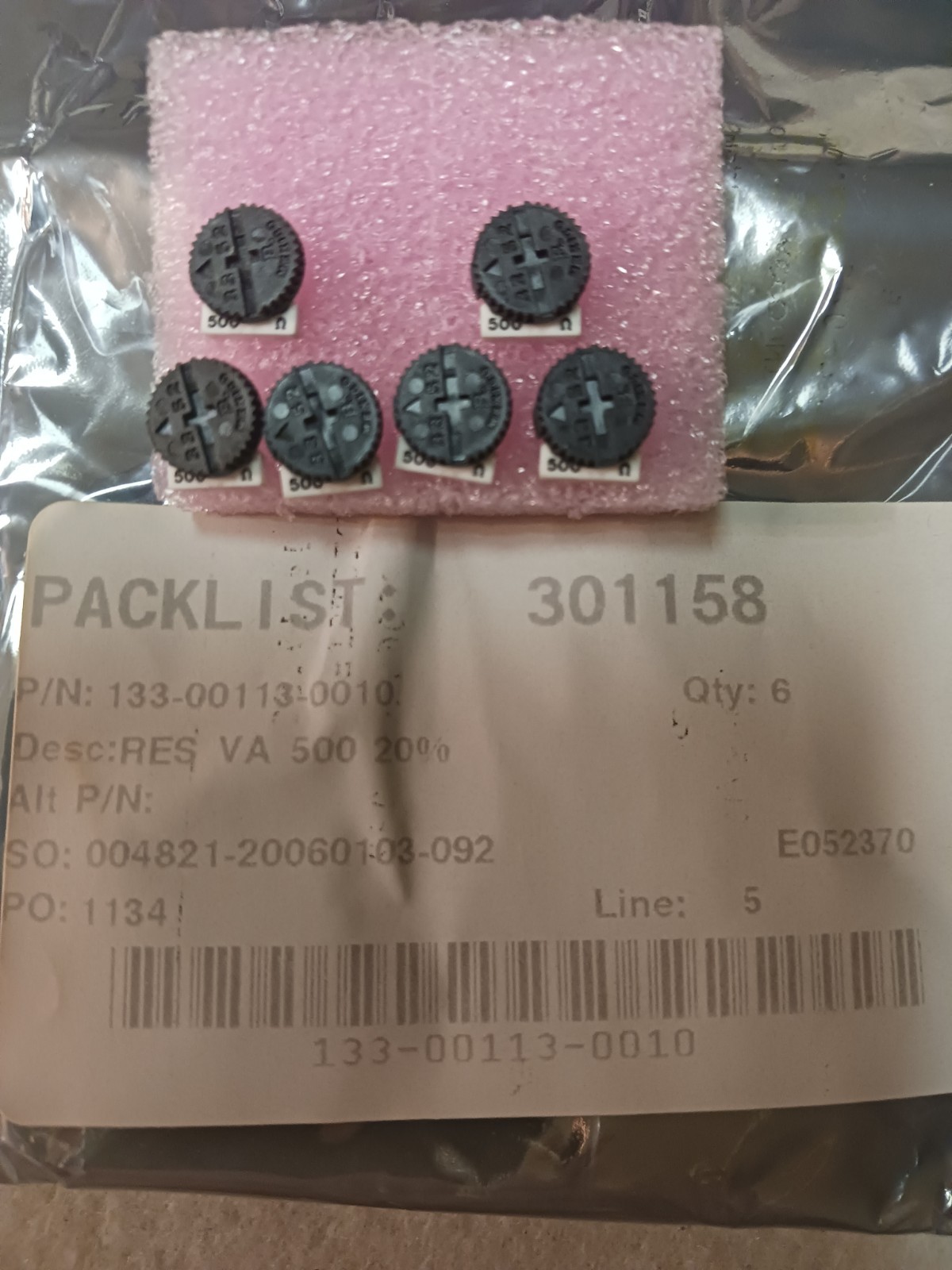 Resistor Variable 500 ohm Circuit Mount  Bendix P/N 133-00113-0010 Pack Of 6