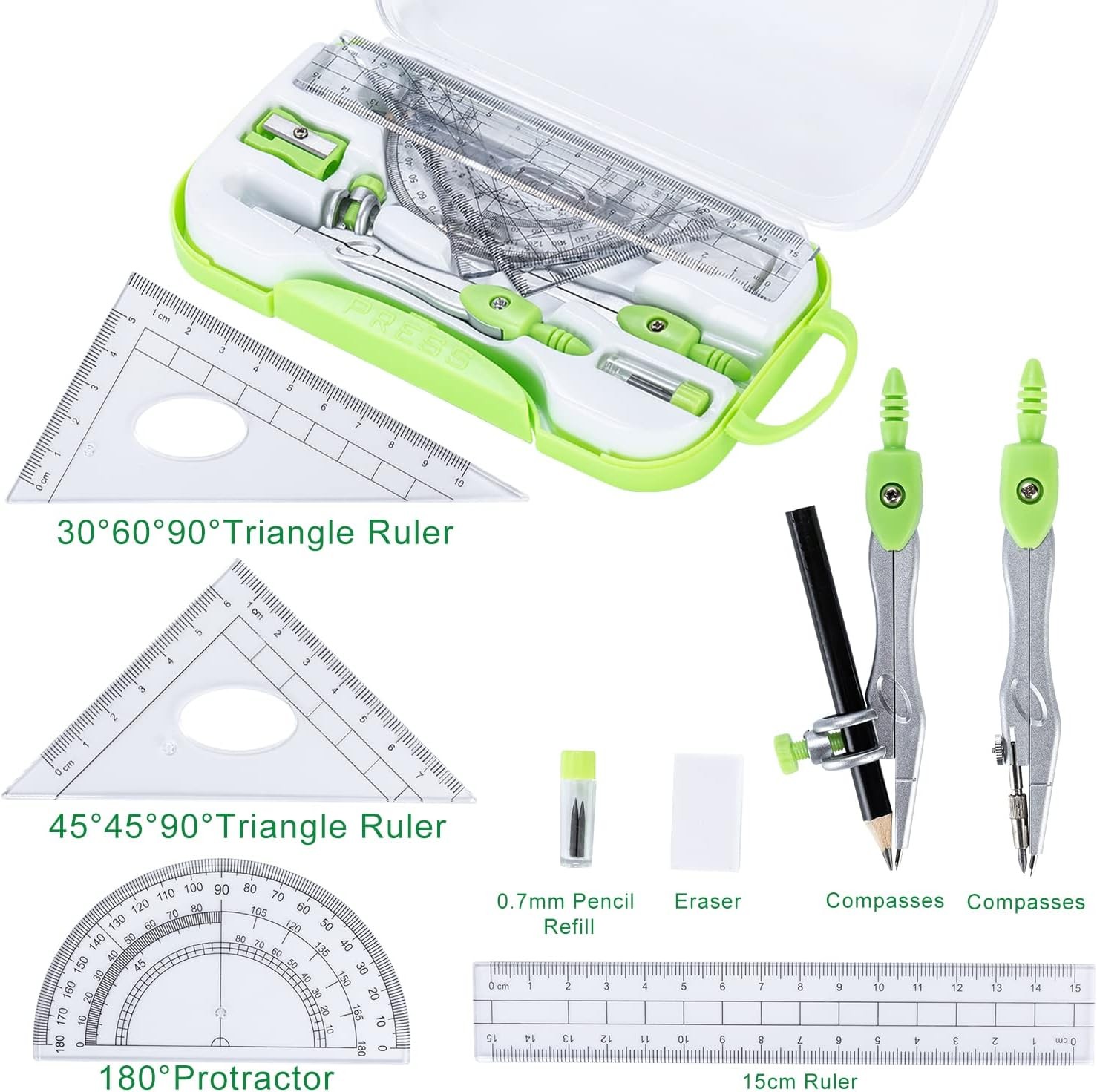 10 Pieces Math Geometry Kit Set with Shatterproof Storage Box, Student Green