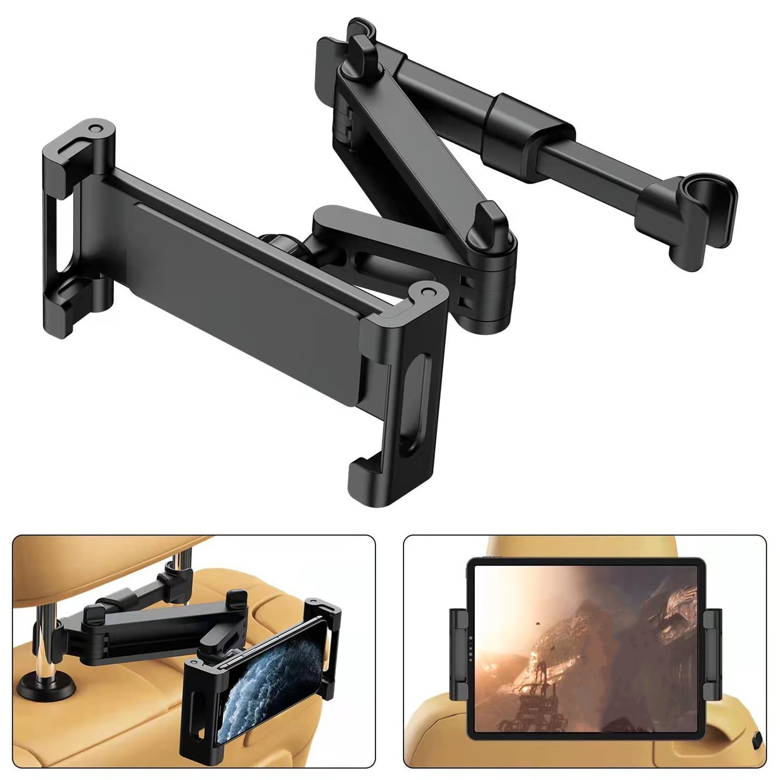 Car Headrest Tablet Holder 360° Rotating Extendable Mount for iPad iPhone