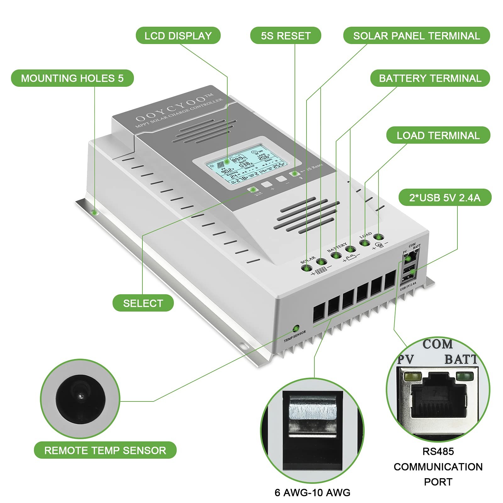 Ooycyoo Mppt Charge Controller 80 Amp 12V/24V Auto 80A Solar Panel Charge