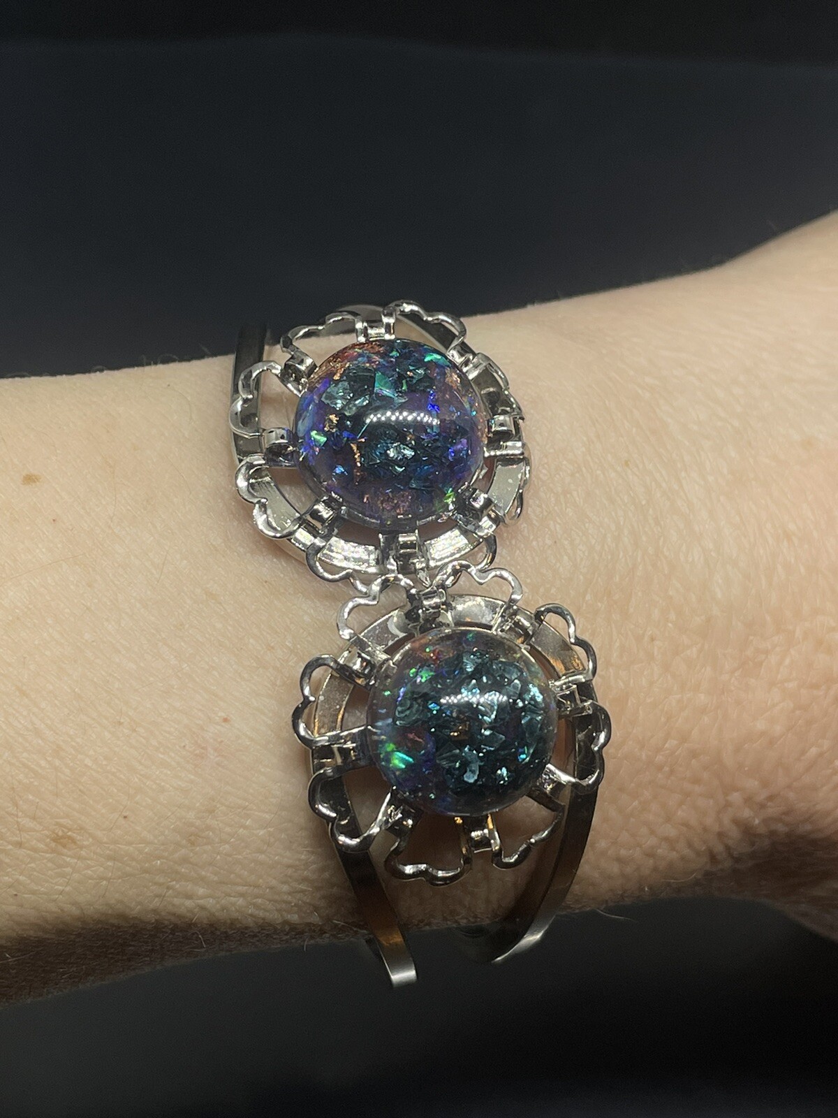 Artisan Handmade SilverTone MultiColor Epoxy Flowers 6.5” Hinged Cuff Bracelet