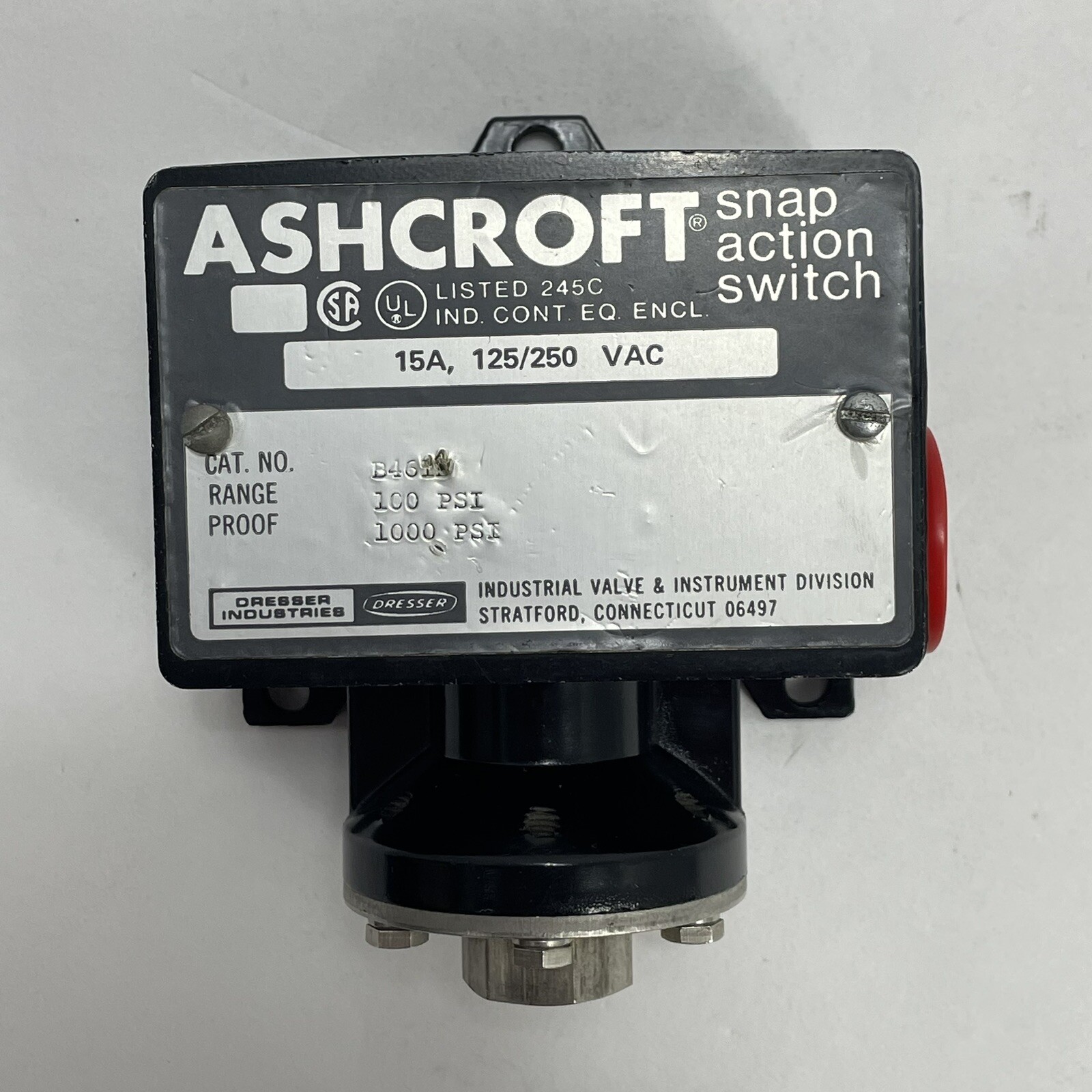 Ashcroft B461S Pressure Switch Range 100psi 15A 125/250V ~New Old Stock~