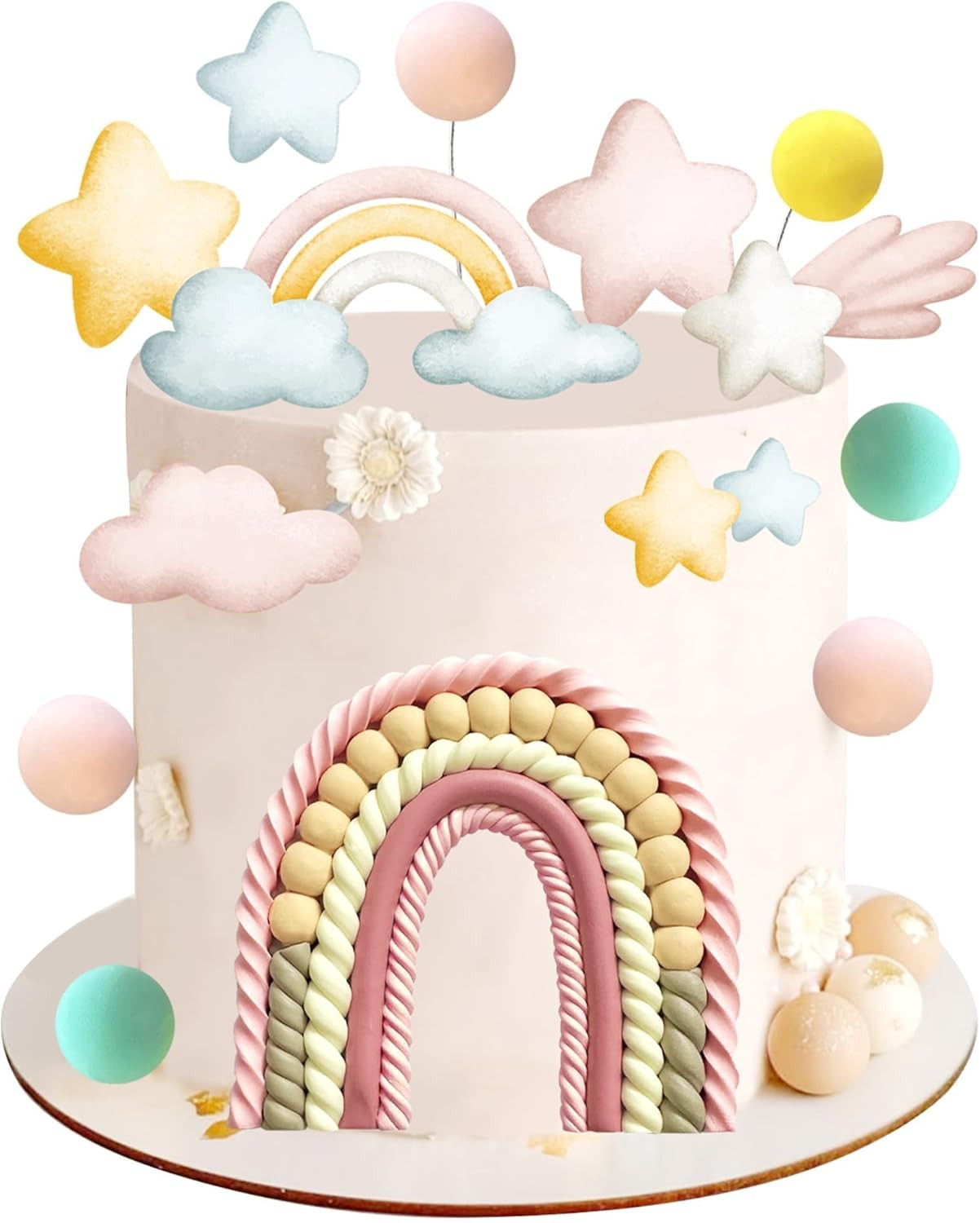 Rainbow Cake Topper with Colorful Balls Plus Cardboard Cake Decorations