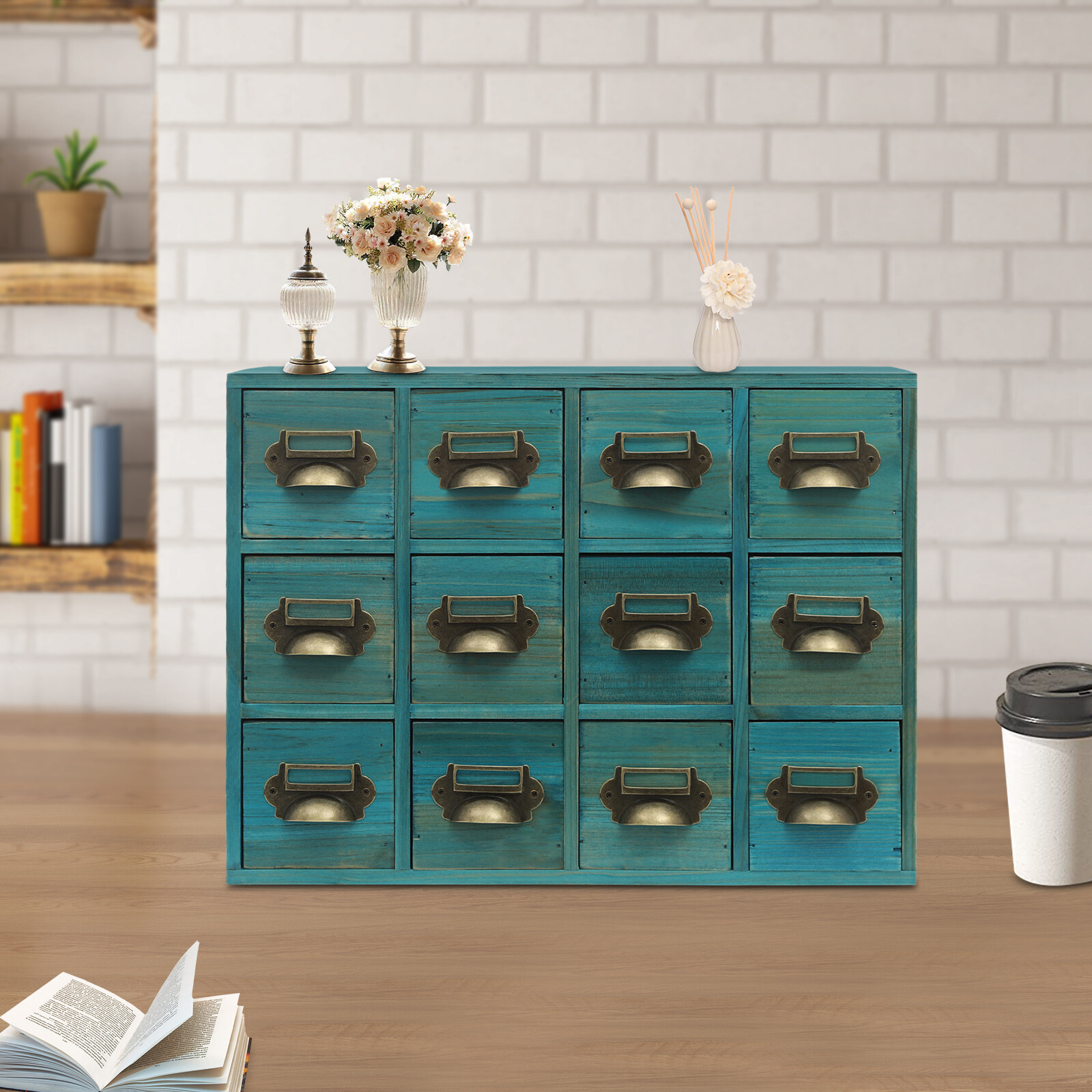 Blue 12Drawer Storage Cabinet Rectangular Desktop Drawer Organizer WoodenCabinet