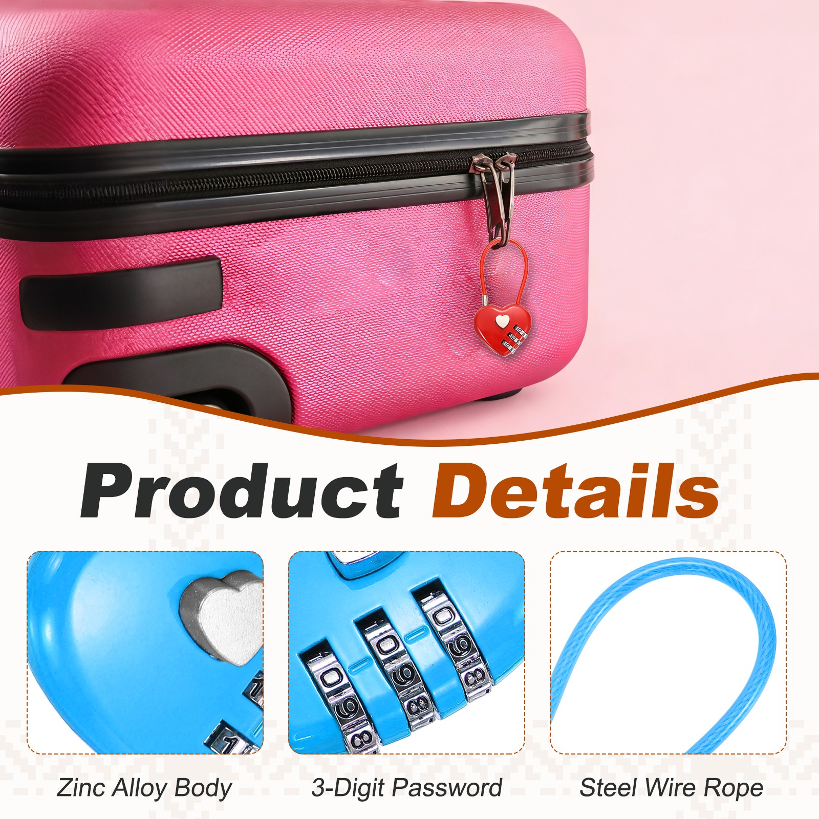 Combination Padlock (4.3 Inch, Blue), 3-Digit Heart Shaped Combo Padlock