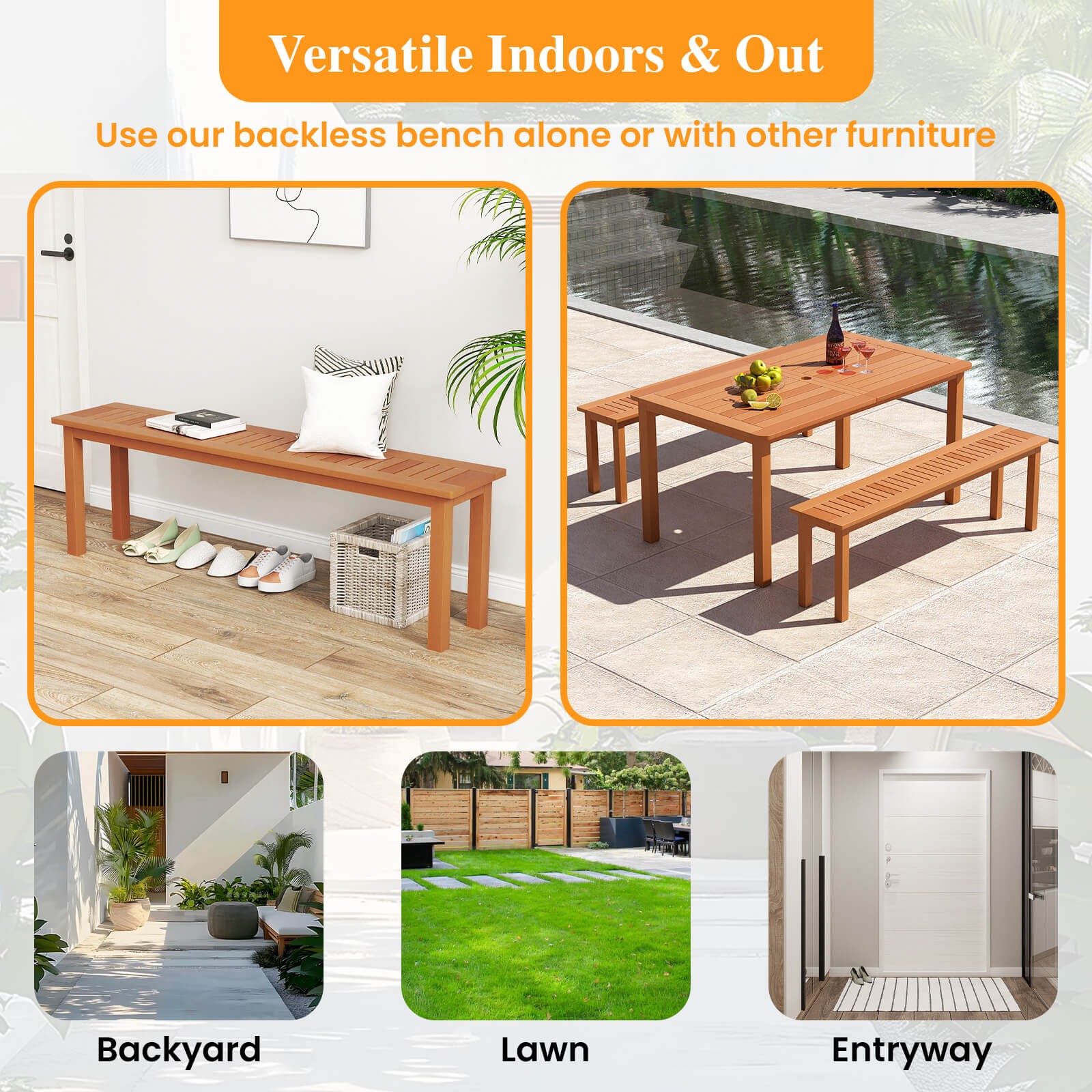 2PCS 59" Long Patio Dining Bench w/ Teak Oil Finish & Slat Seat Accent Entryway