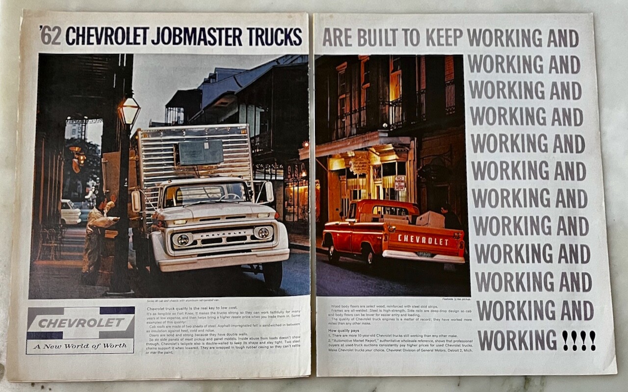 1962 two page magazine ad for Chevrolet Trucks - Fleetside, Series 60 cab,chass.