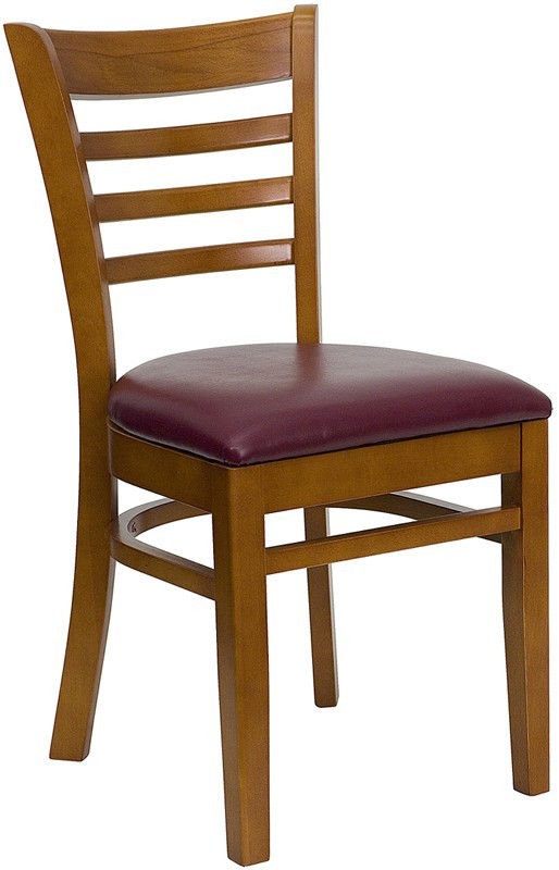 Cherry Wood Finished Ladder Back Restaurant Chair with Burgundy Vinyl Seat