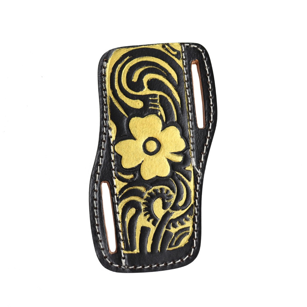7"" Black Handmade Genuine Leather Hand Engraved Horizontal Sheath for Fixed Bla