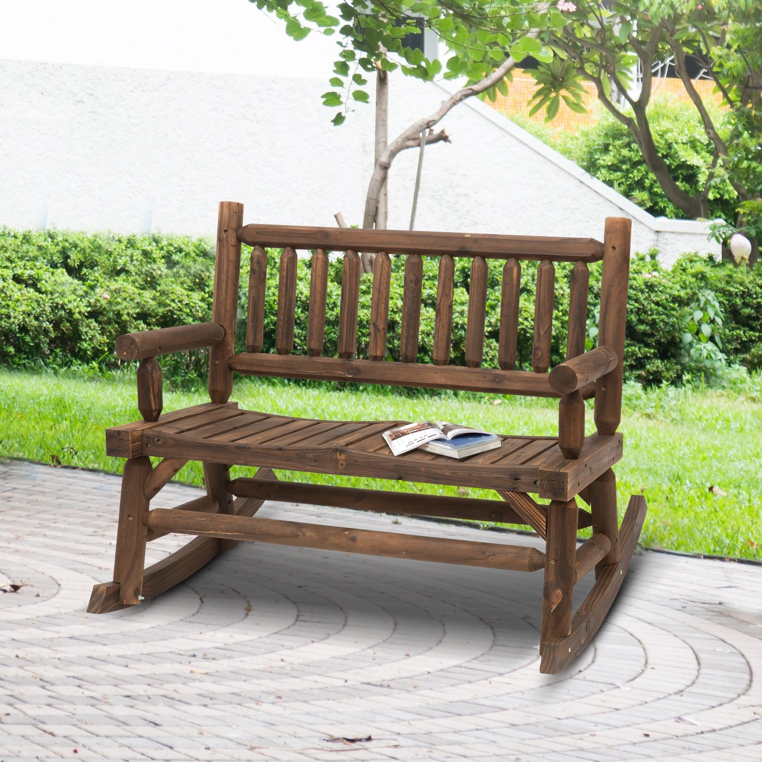 Durable Fir Wood Double Rocker, 44in Length 550lb Capacity Outdoor Use