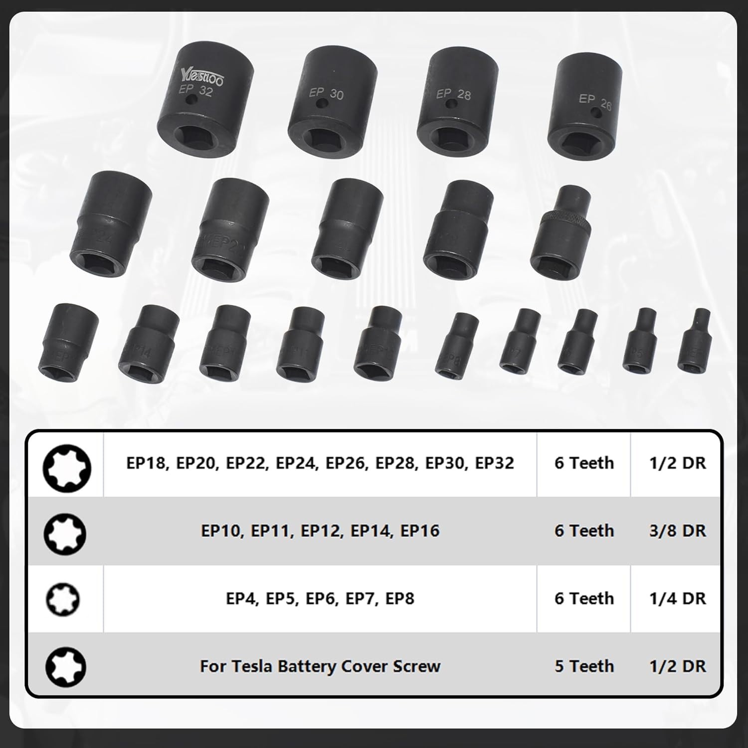 19pcs External Torx Plus Socket Set Compatible With Tesla 6 Point Ep Socket 1/2'