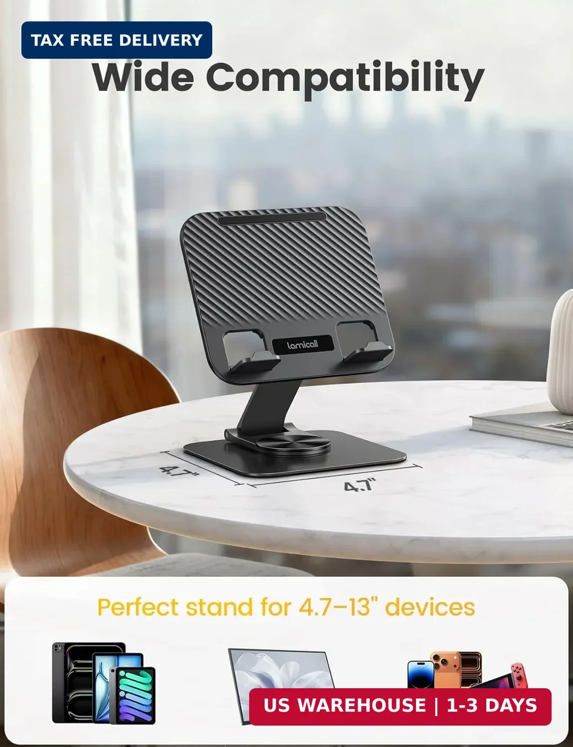 Lamicall Adjustable iPad Stand for Desk - [Ultra-Slim Foldable][360°Rotation Bas