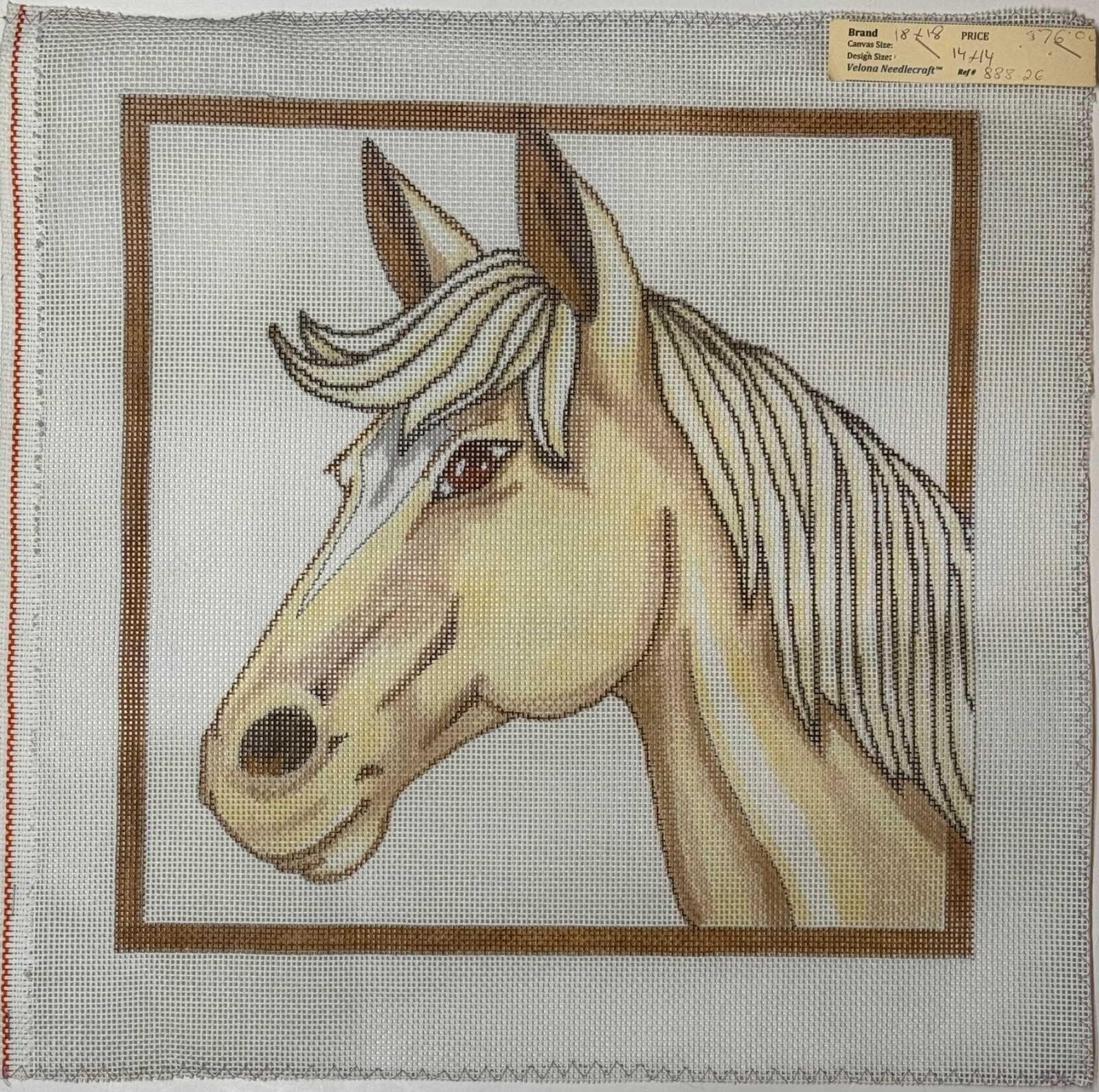 Hand-painted WHITE HORSE Needlepoint Canvas 14" x 14"