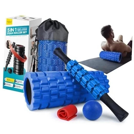 5 in 1 Foam Roller Set for Deep Tissue Muscle Massage, High Density Deep Blue