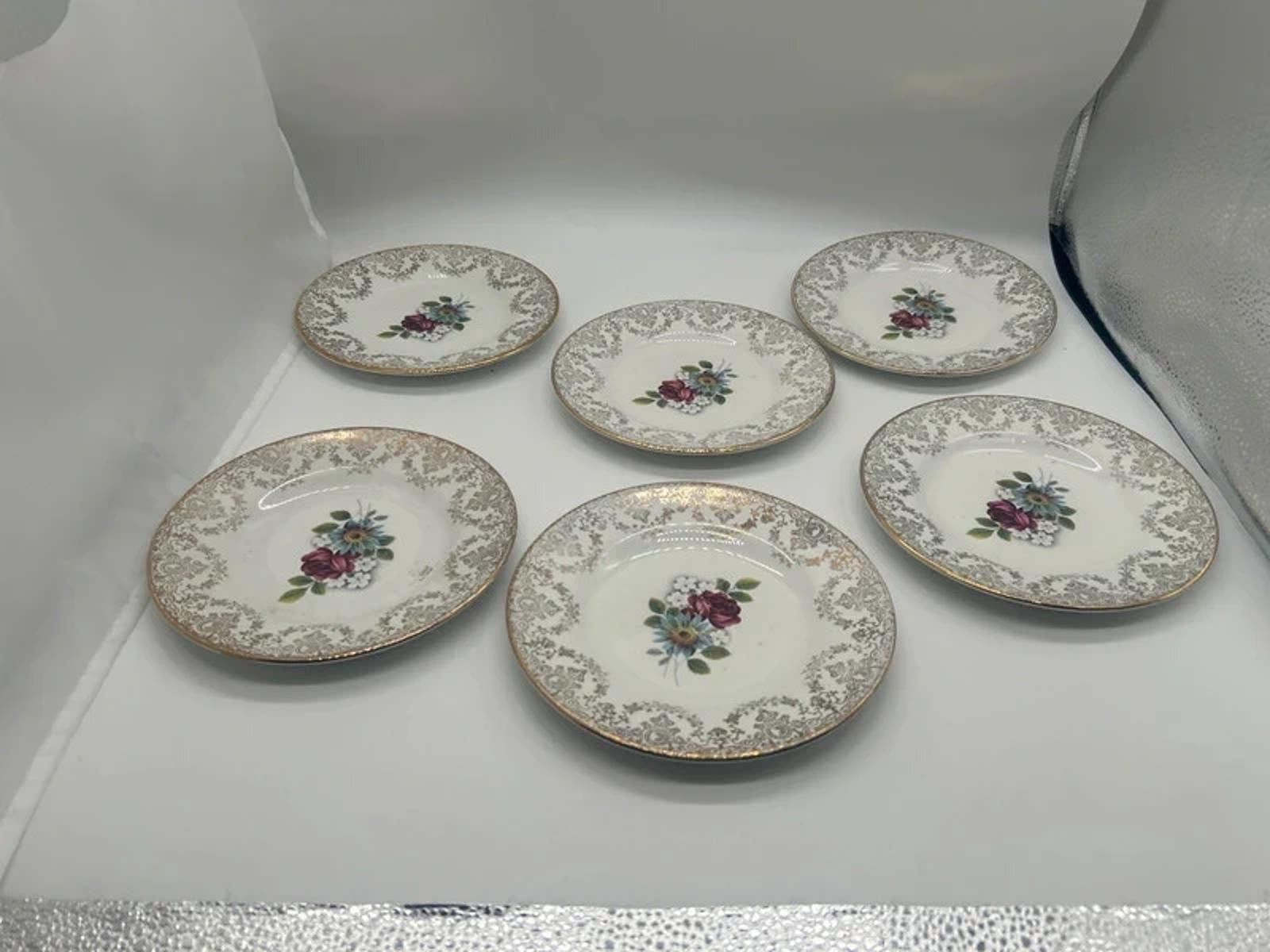 Hostess tableware plates dish x6  floral gold antique