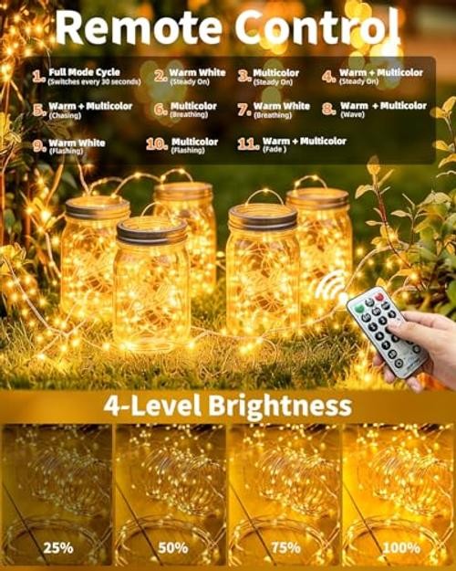 Solar Fairy String Lights Outdoor Remote Total 4 Pack Warm White + Multicolor