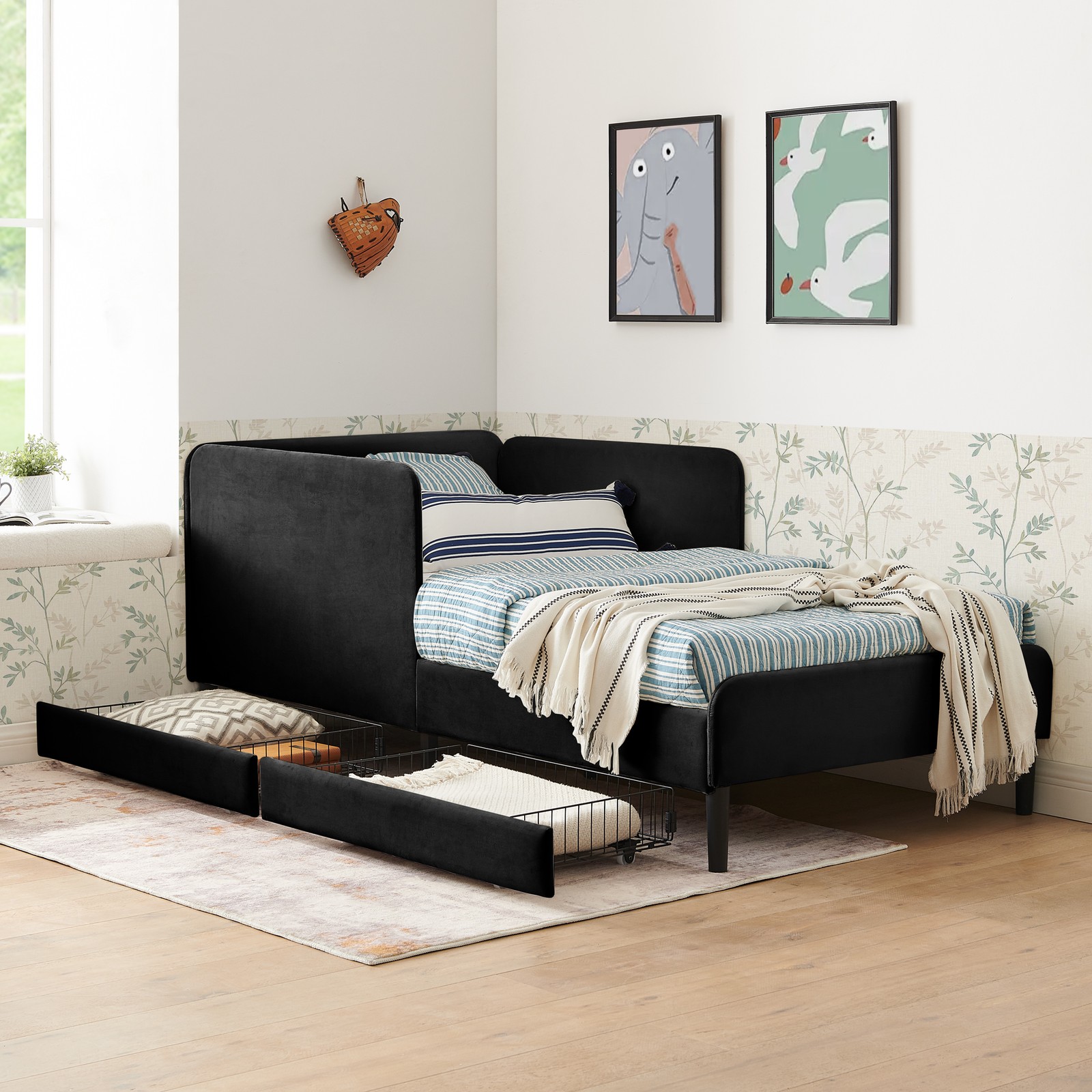 Twin Size Upholstered Platform Bed Frame with 2 Storage Drawers, Adjustable Vel