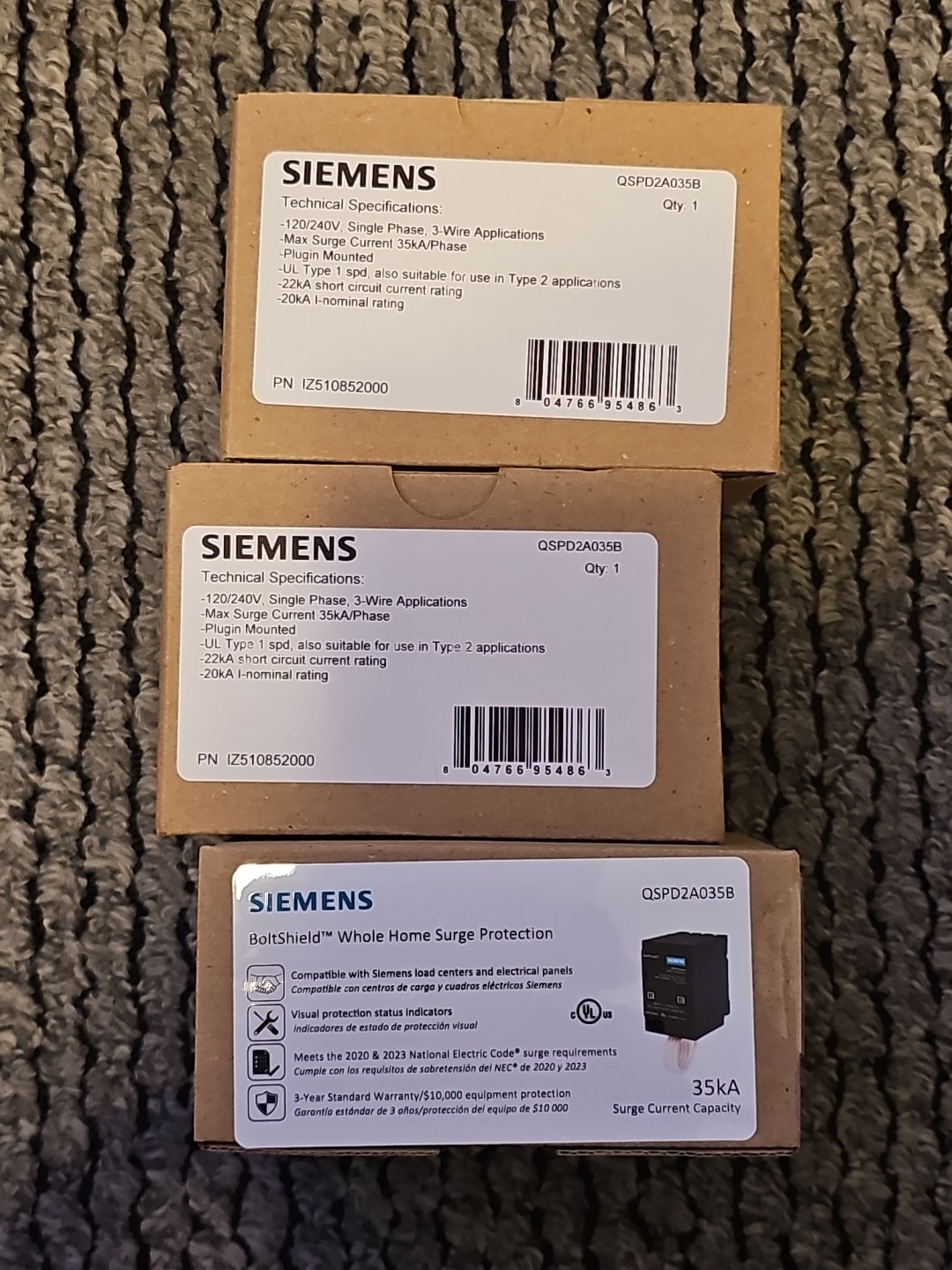 LOT OF 3 Siemens Boltshield 2-Pole Plug-in Surge Protection Device NEW & SEALED!