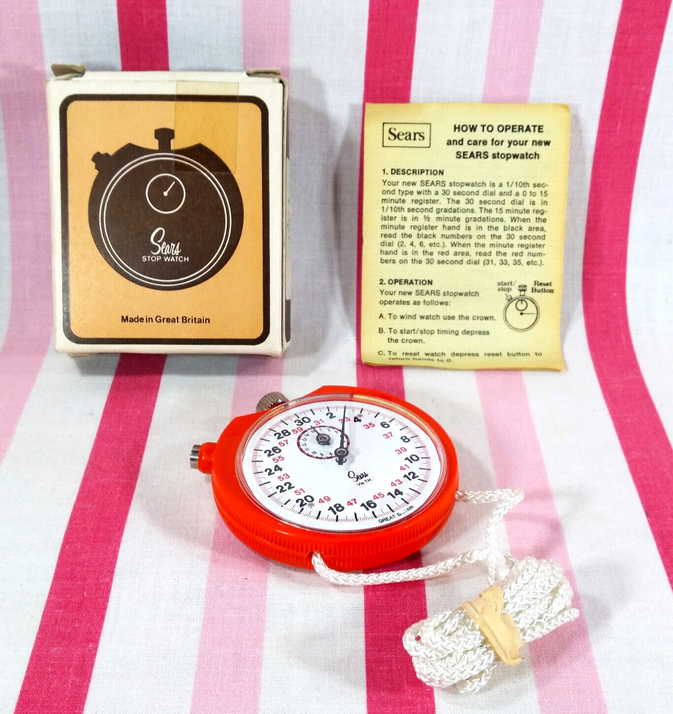 Beautiful Vintage 1970’s Sears Orange 1/10th Stopwatch • Made in Great Britain