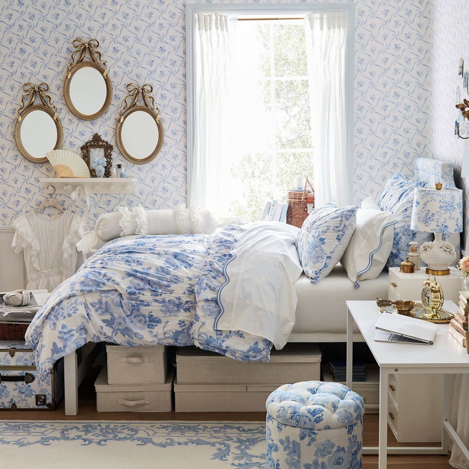LoveShackFancy Tufted Round Storage Ottoman - Garden Damask Blue