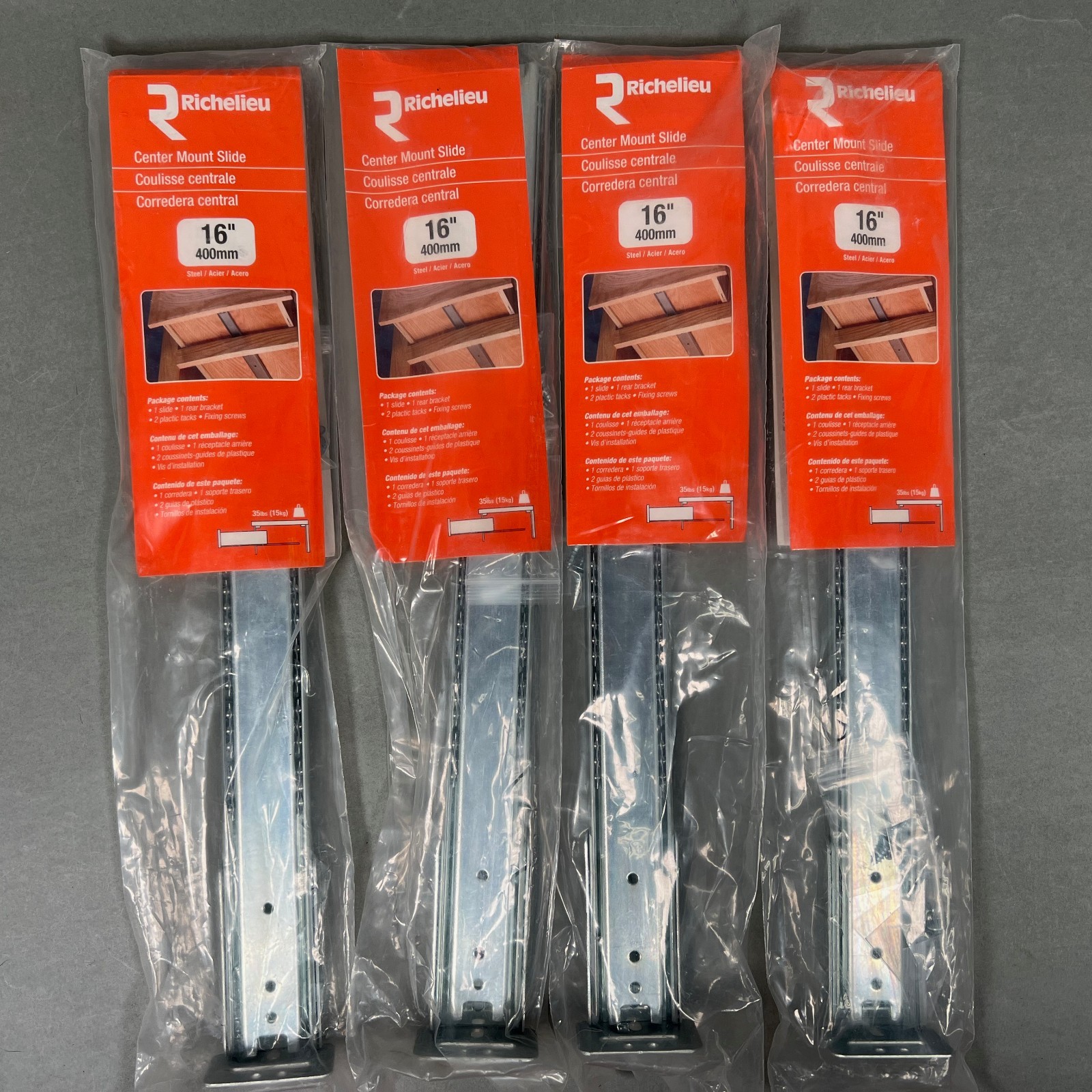 QTY 4 Richelieu Center Mount Drawer Slide 16” 400mm Steel Ball Bearing Slide NEW