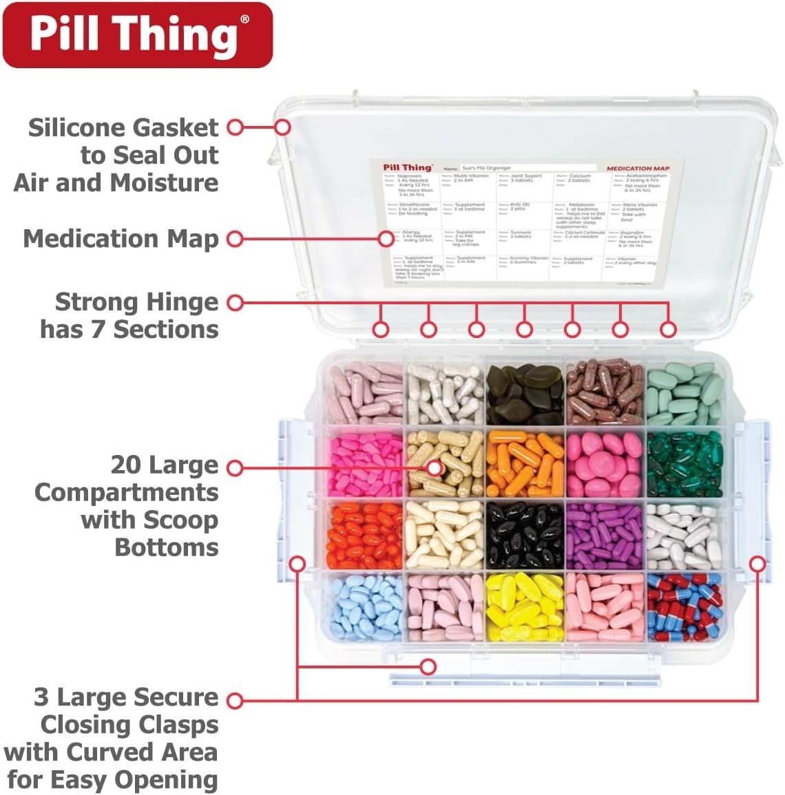 Large 20 Compartment Pill Case with Airtight Seal and Medication Map