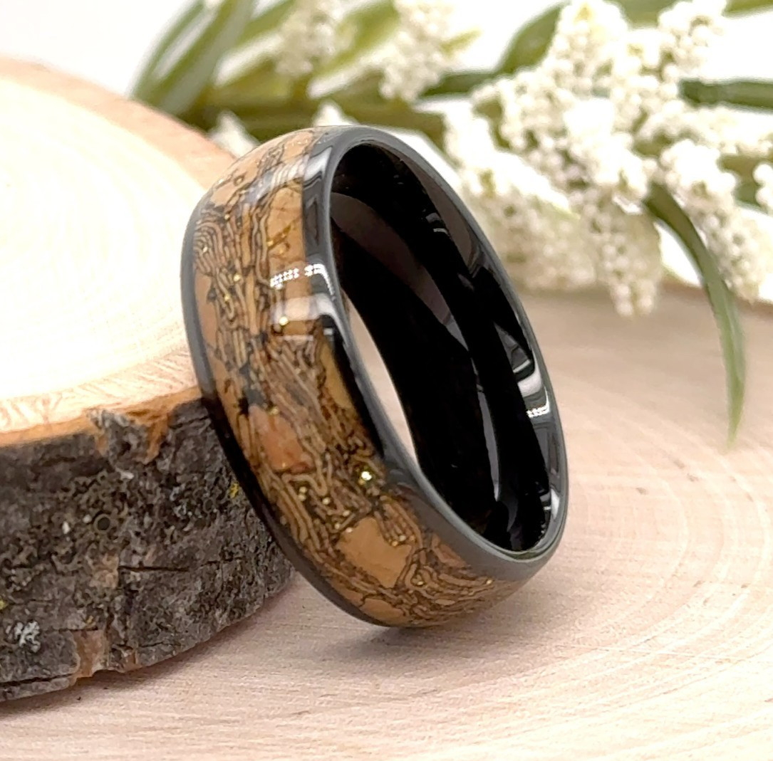 Natural Wood Inlay Polished Edges Band 8mm Black Tungsten Unisex Christmas Ring