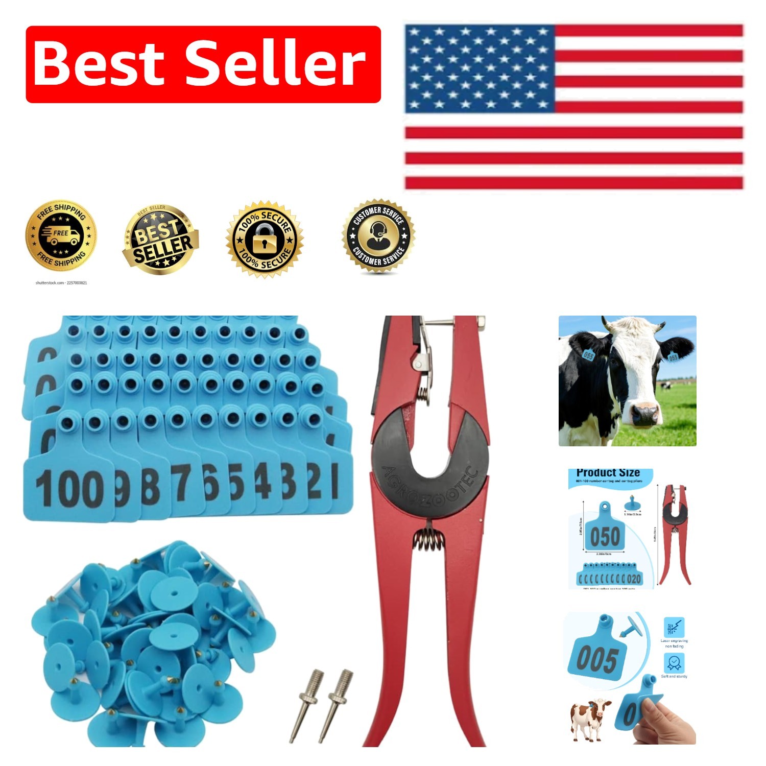 Cattle Ear Tag Applicator Kit - 100 Valued Blue Tags for Safe Livestock Tracking