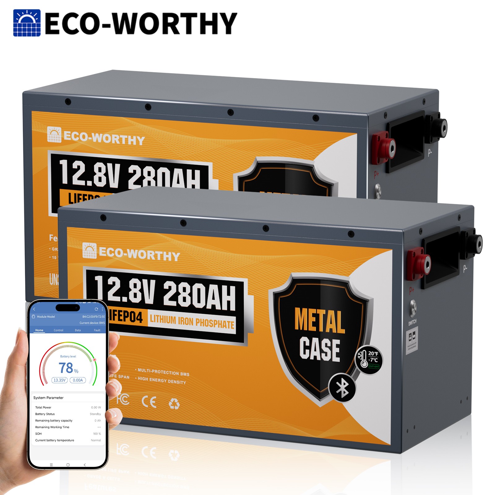 ECO-WORTHY 12V 280Ah Bluetooth Metal Case LiFePO4 Lithium Battery 24V/36V/48V