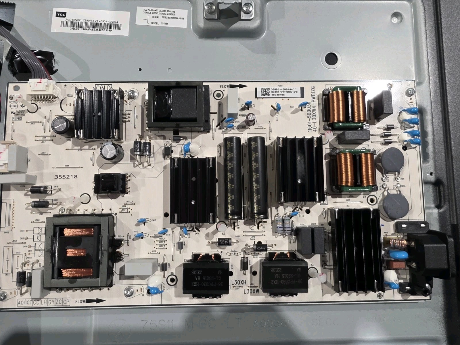 TCL Model 75S450G  Power Supply Board (30805-000144) 40-L30XW4-PWB1ZG 75s451
