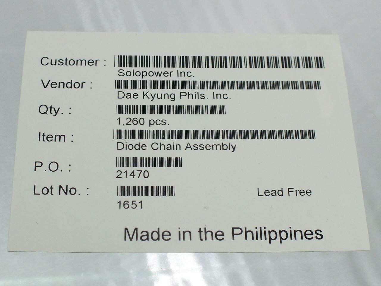 Dae Kyung Phils Diode Chain Assembly Flexible Solar Panels -Solopower- Box 1260