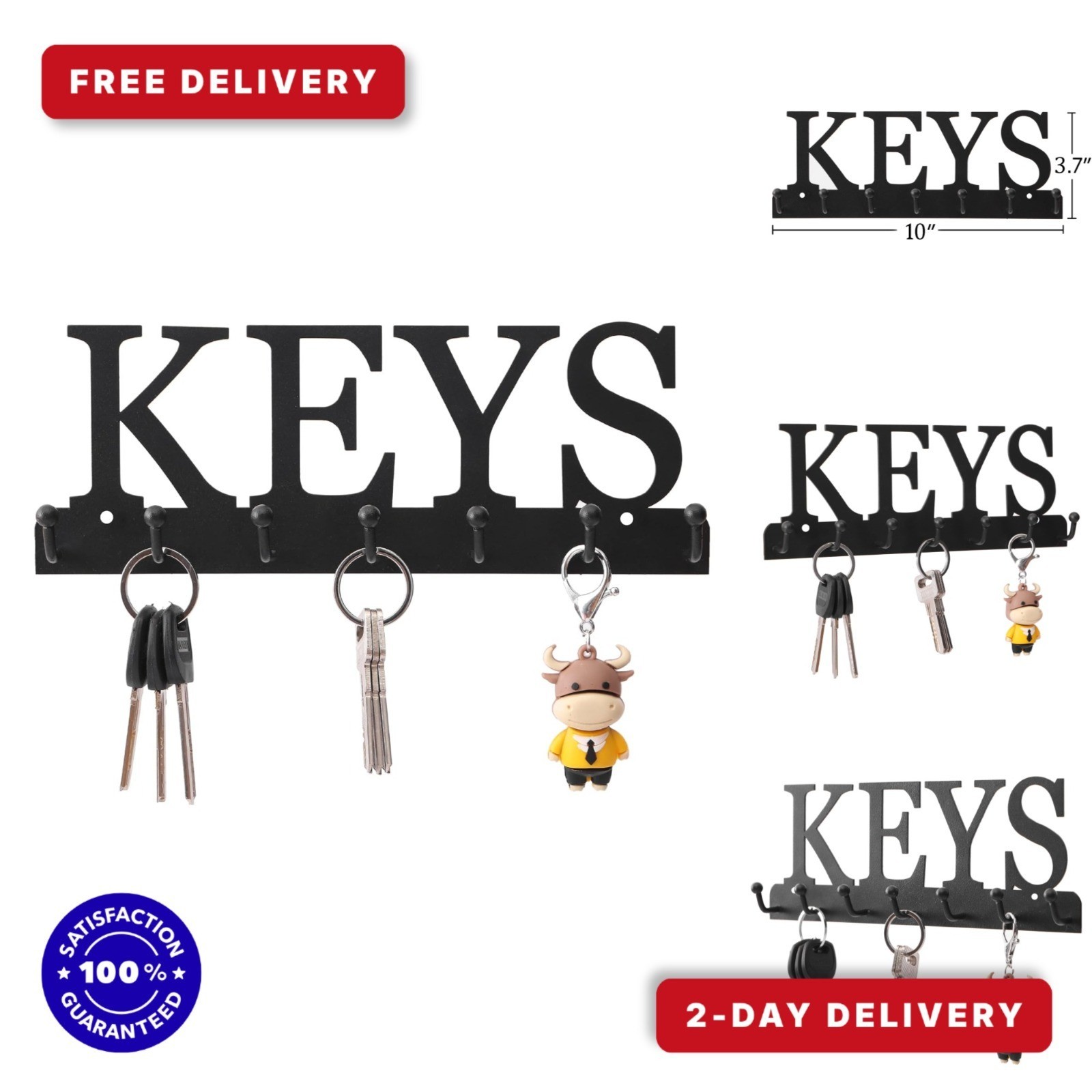 Lixgifts Wall Mounted Key Holder with 7 Hooks - Black Metal Organizer