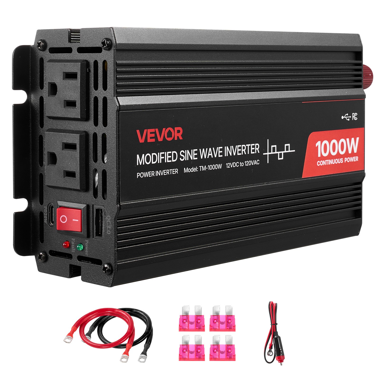 VEVOR 1000W Power Inverter 12V DC to 120V AC Modified Sine with LED Indicator