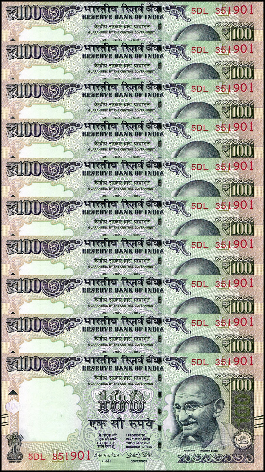 India 100 Rupees, 2018, P-105an, UNC, Plate Letter L X 10 PCS
