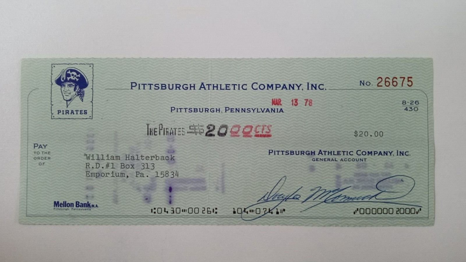 William Halterback: 1978 Pittsburgh Pirates Expense Check