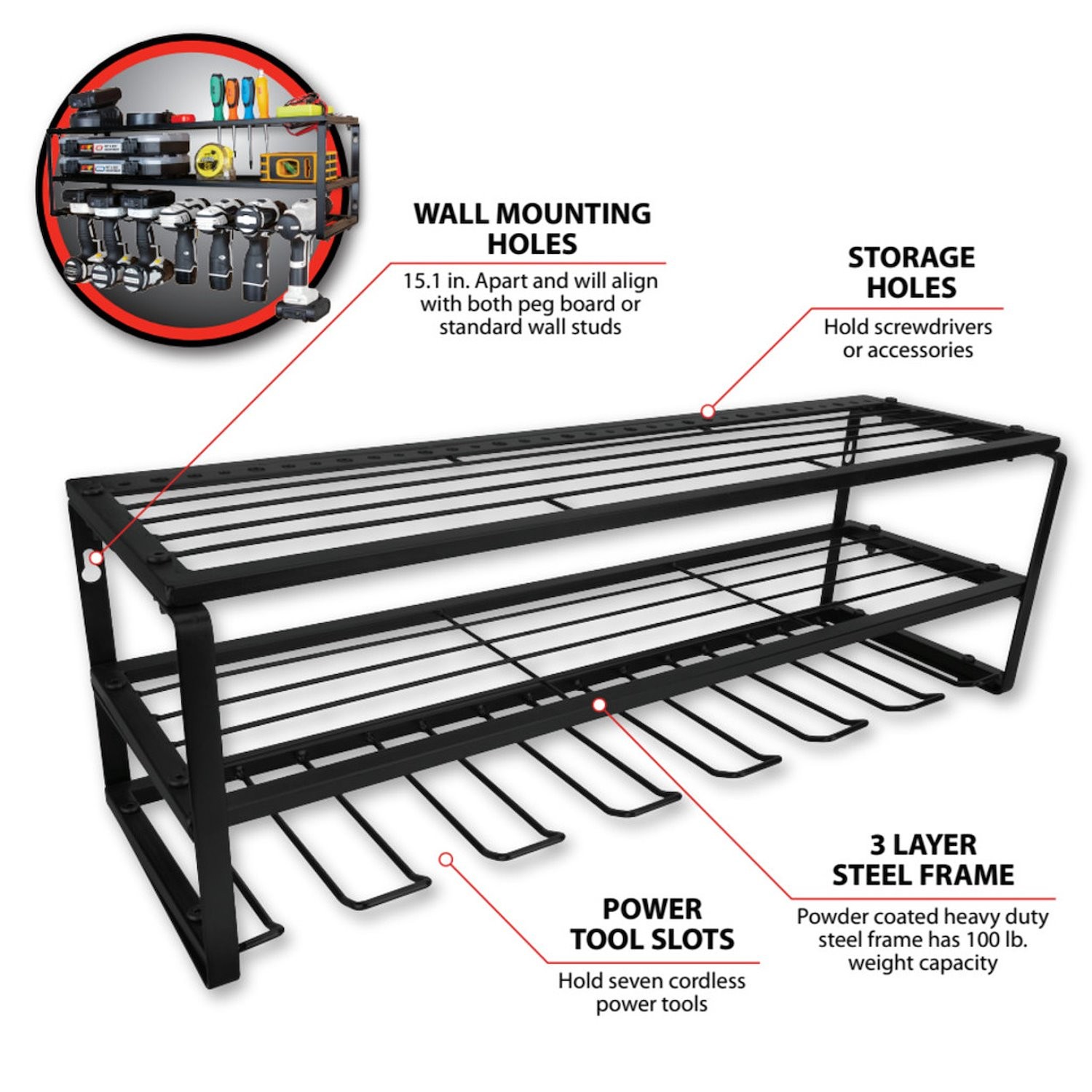 JEGS 26 in. Power Tool Storage Rack [3 Level]