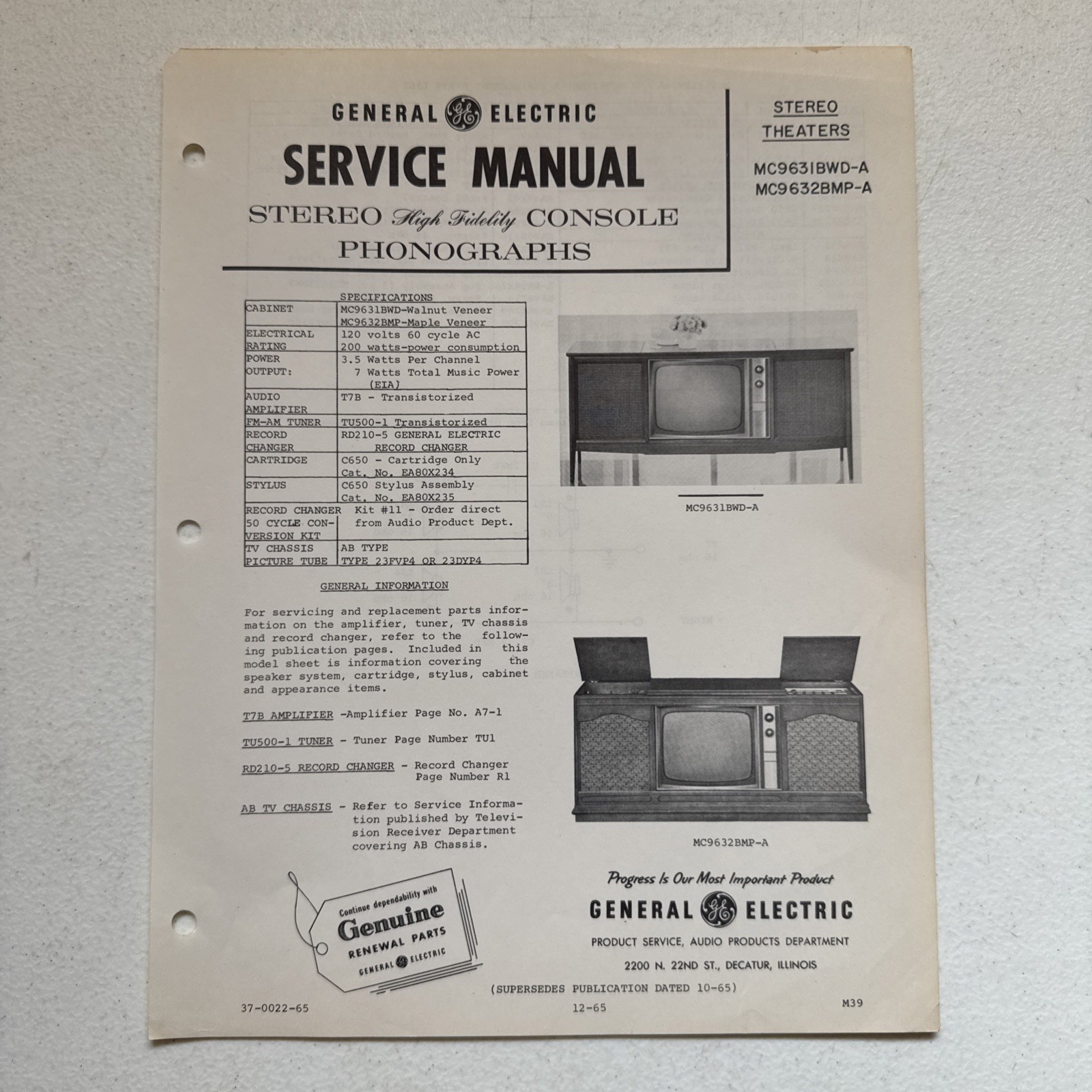 General Electric 1965 Stereo Theaters MC9631BWD-A, MC9632BMP-A  Service Manual